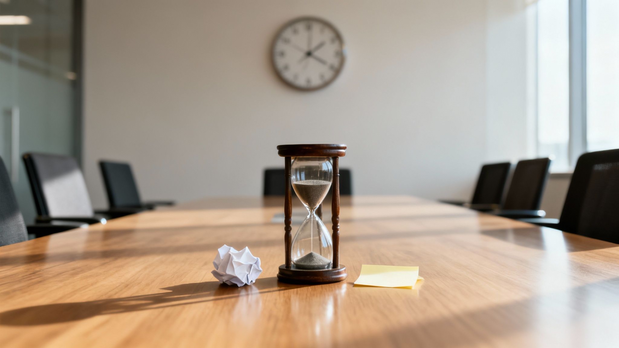 An hourglass, a crumpled paper ball, and a yellow sticky note on a large wooden conference table.