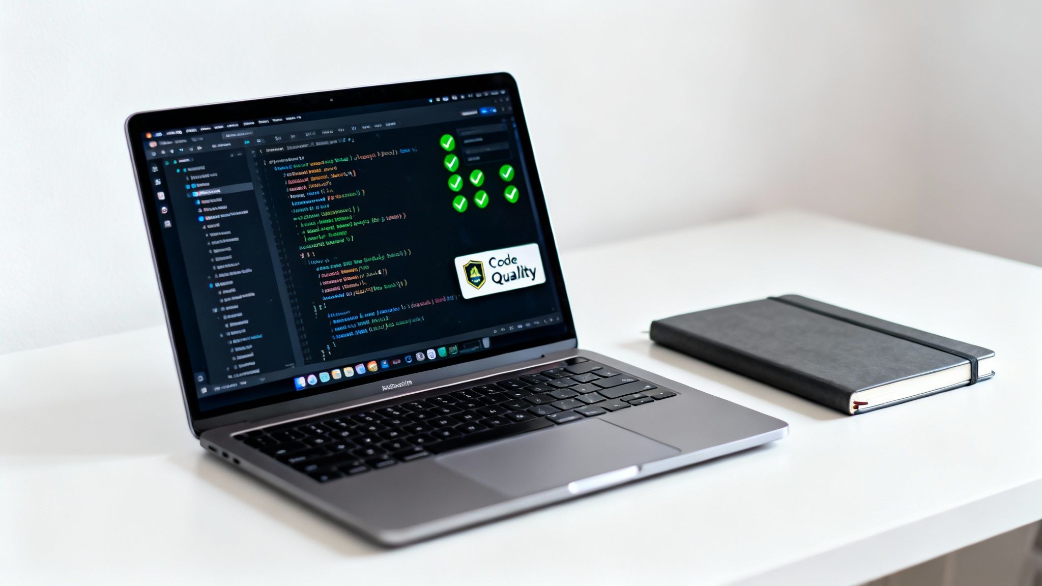A MacBook Pro displays code with green checkmarks and a 'Code Quality' badge, alongside a notebook on a white desk.