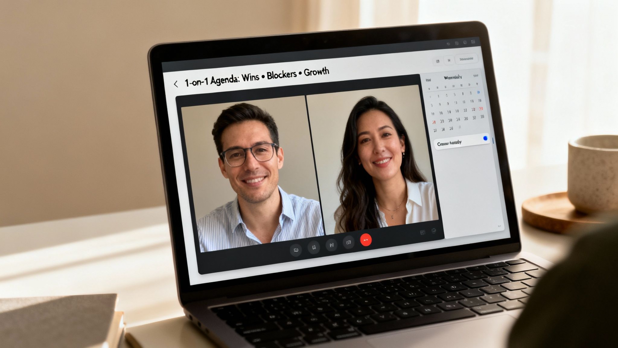 A person uses a laptop for a video call with two smiling colleagues, showing a meeting agenda.