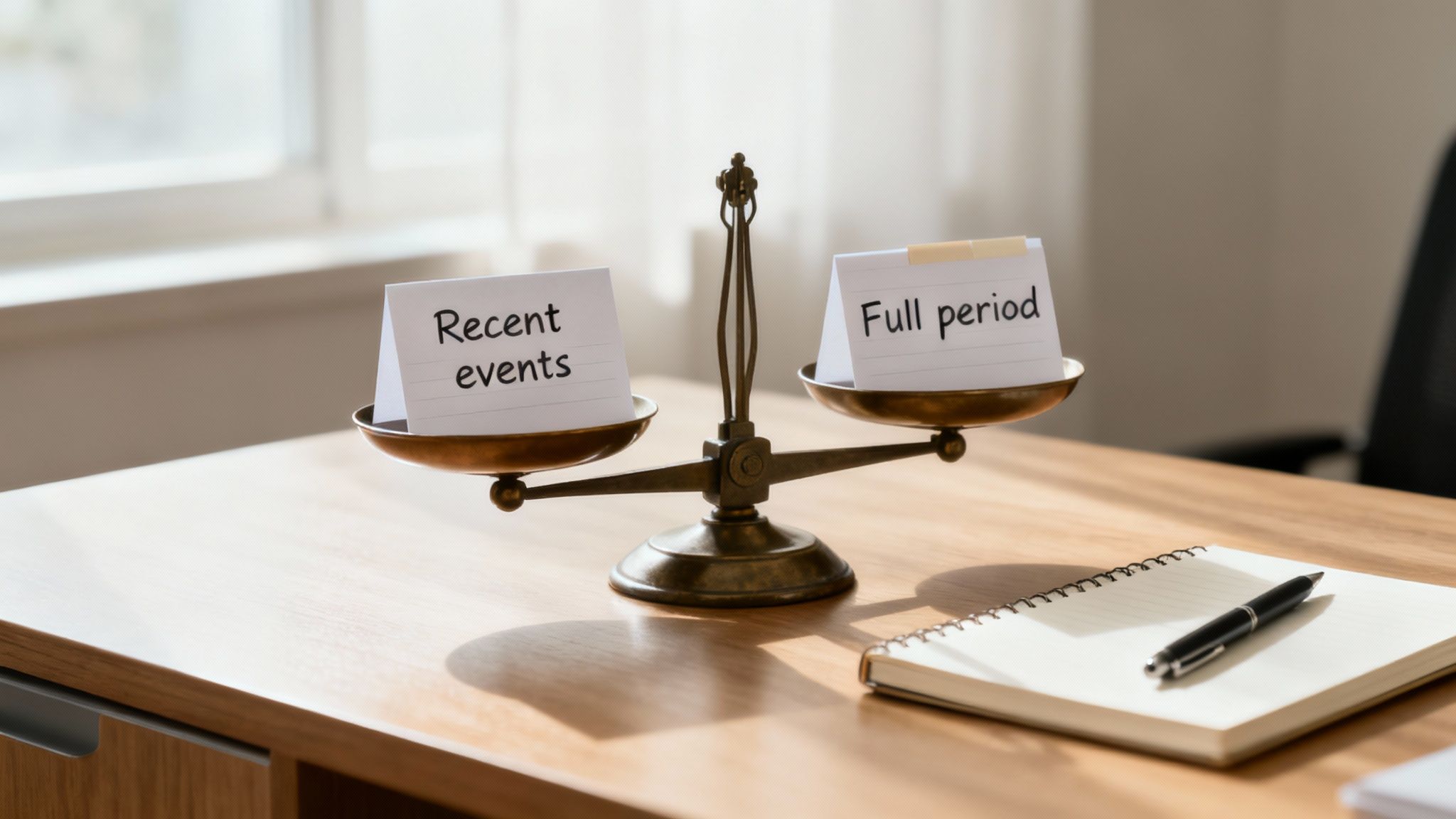 Brass balance scale weighing recent events against full period with notebook and pen