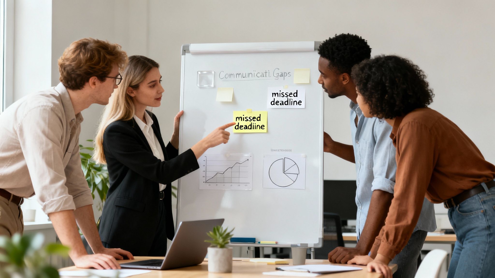 Four diverse professionals discussing communication gaps and missed deadlines on a whiteboard in an office.