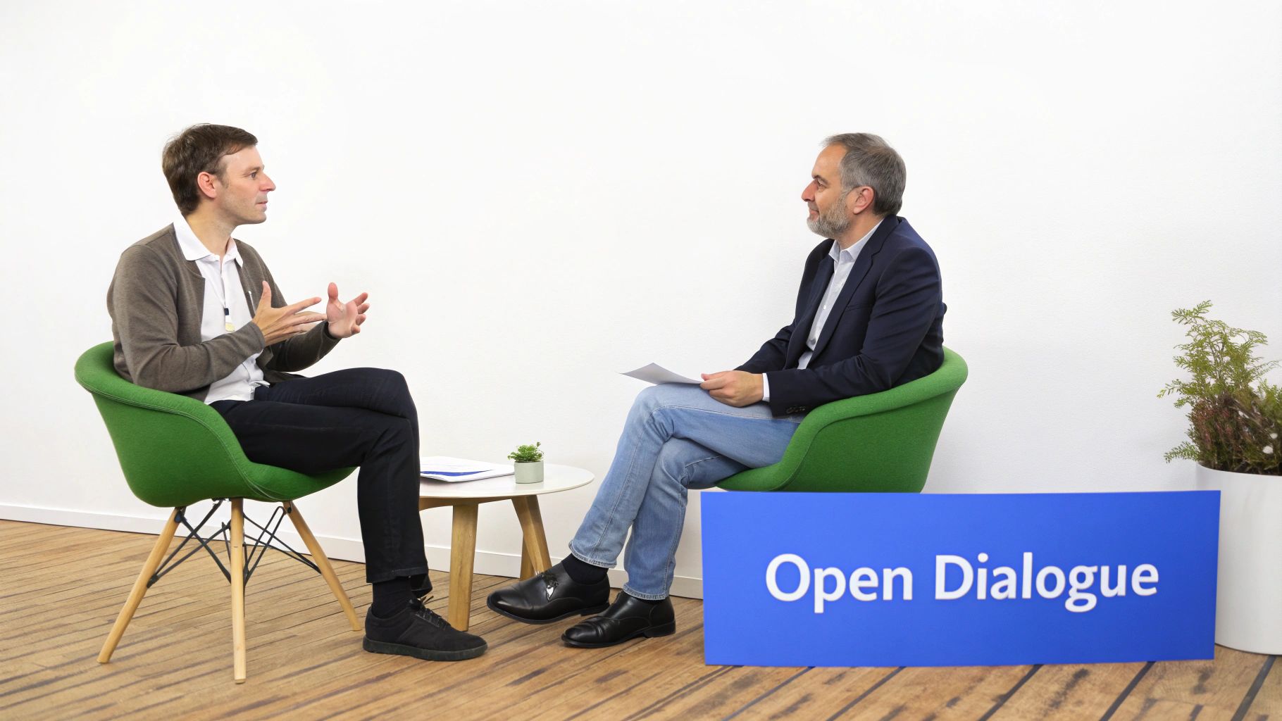 A manager and an employee having a productive feedback conversation in a bright office space.