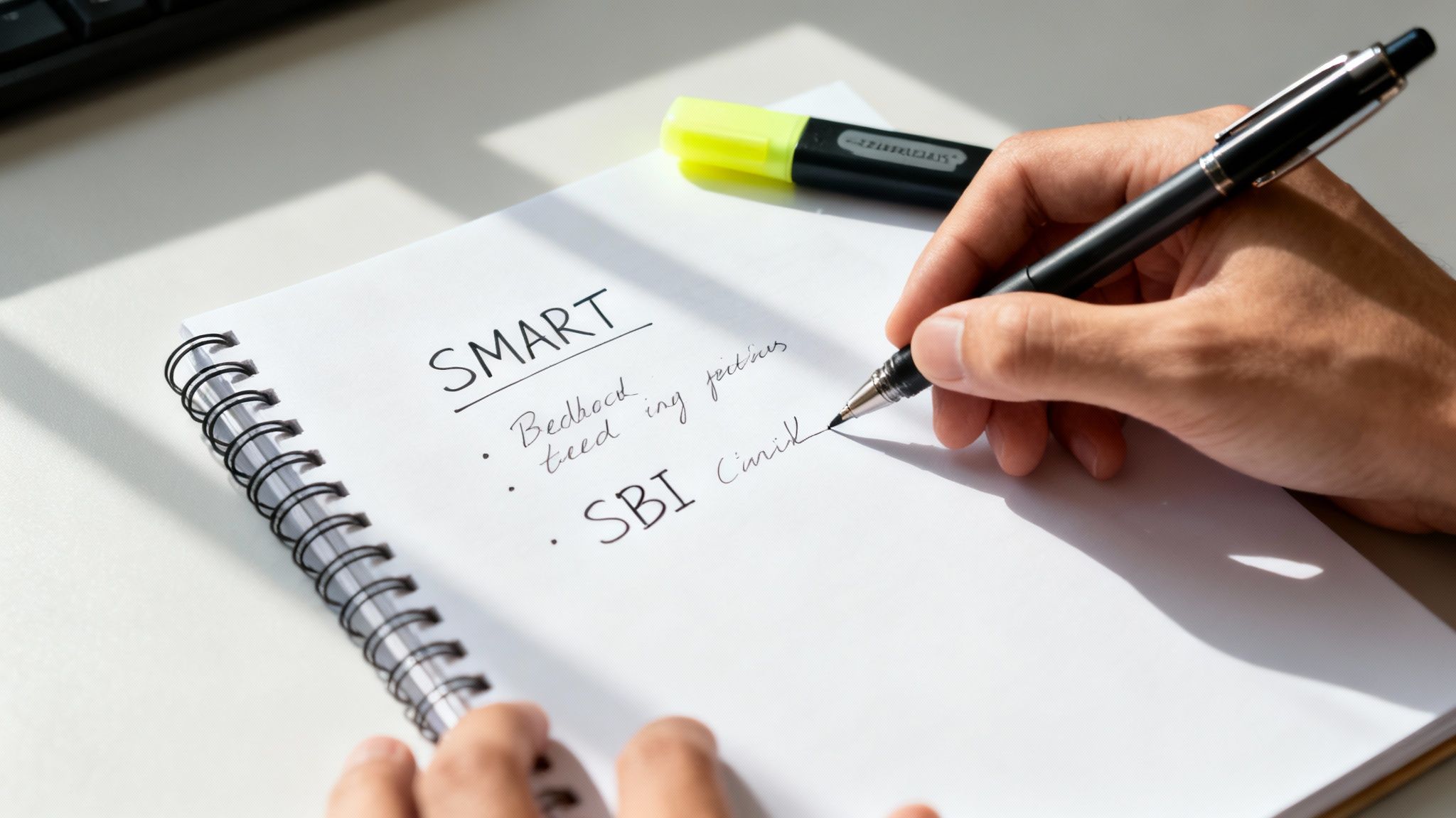 A person's hand writing 'SBI' and 'Cimlik' in a notebook, with 'SMART' visible.