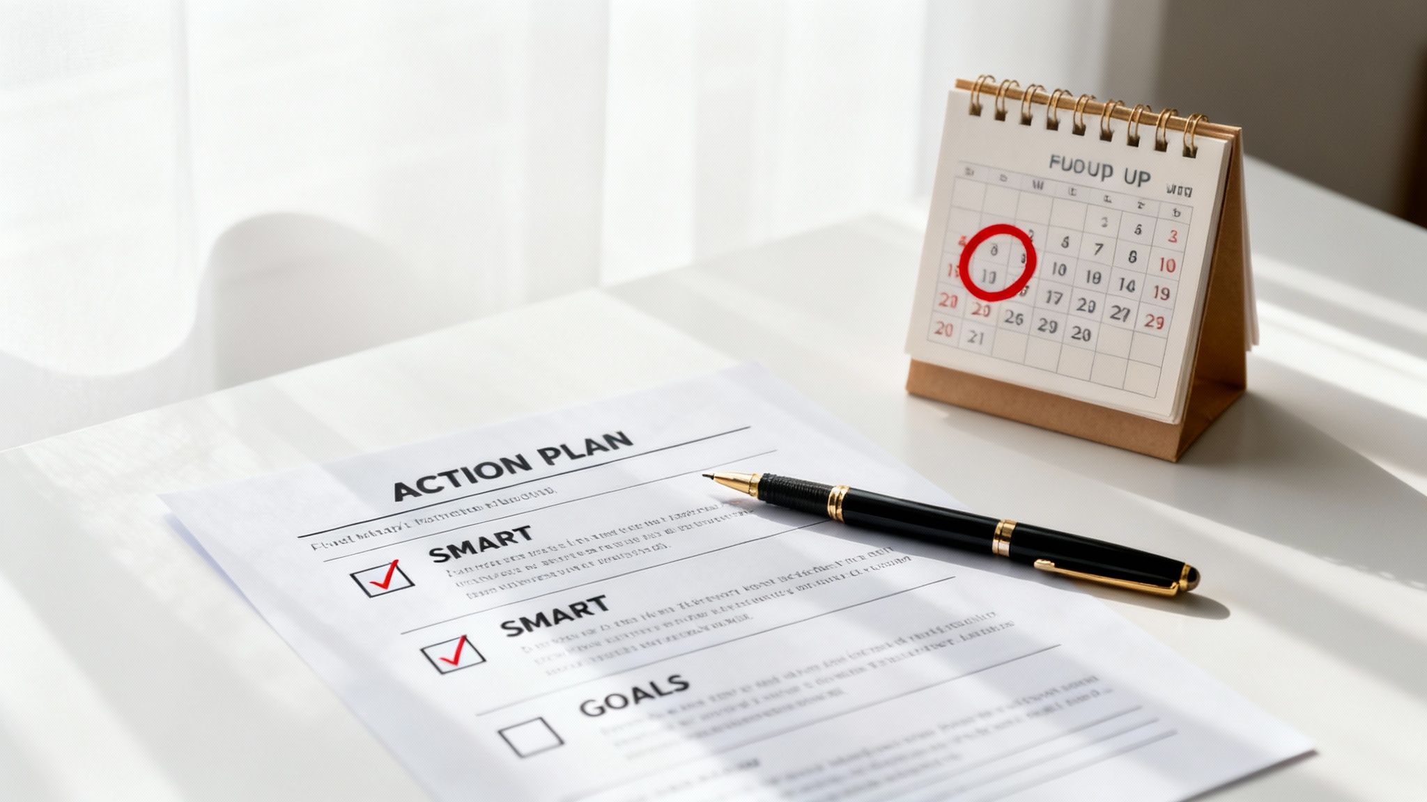 A desk with an 'ACTION PLAN' document, a pen, and a calendar with the 9th circled, symbolizing goal setting.