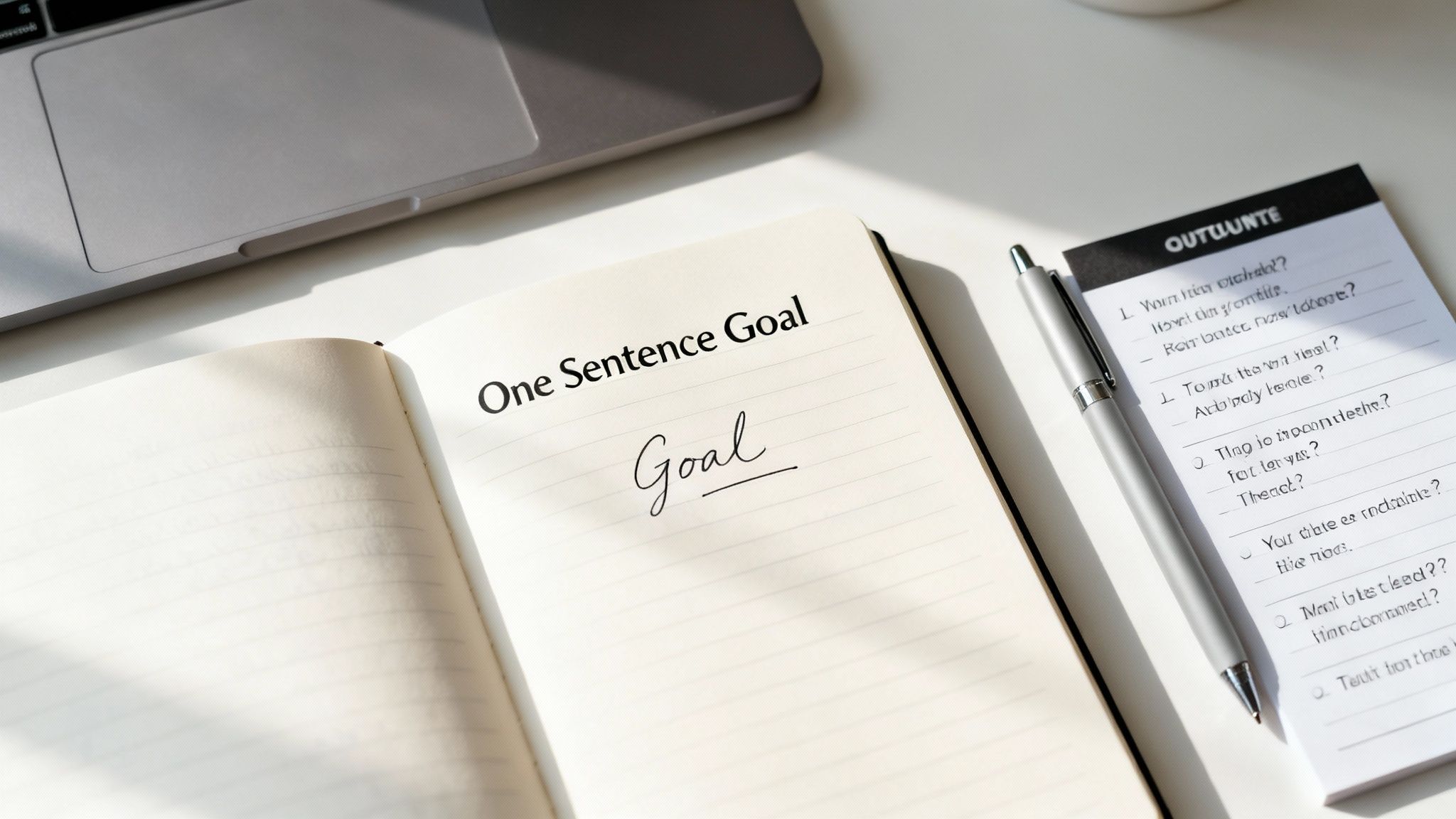 An open notebook displays 'One Sentence Goal' and 'Goal', beside a pen and a checklist, symbolizing planning.