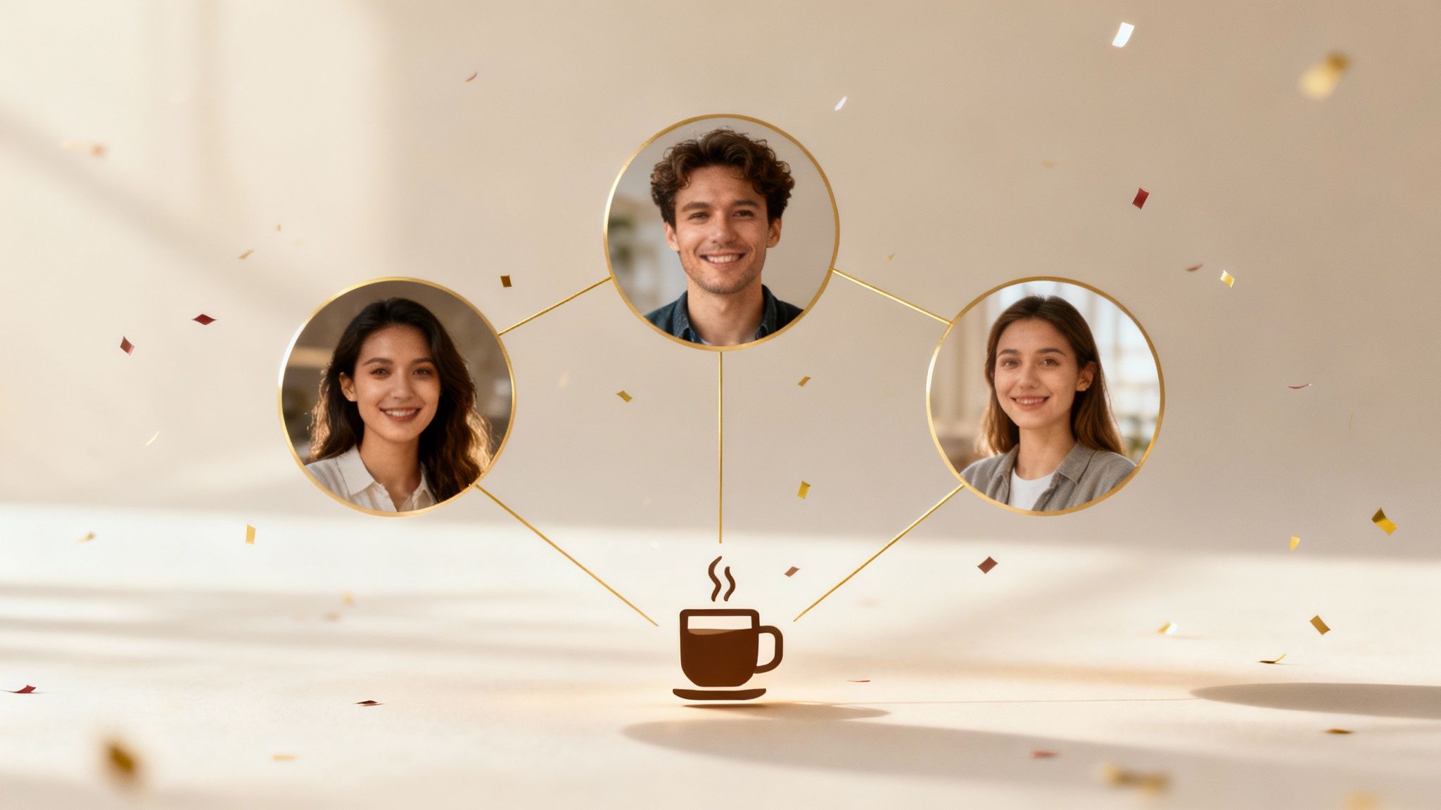 Three remote team members connected with golden lines to coffee cup representing virtual collaboration