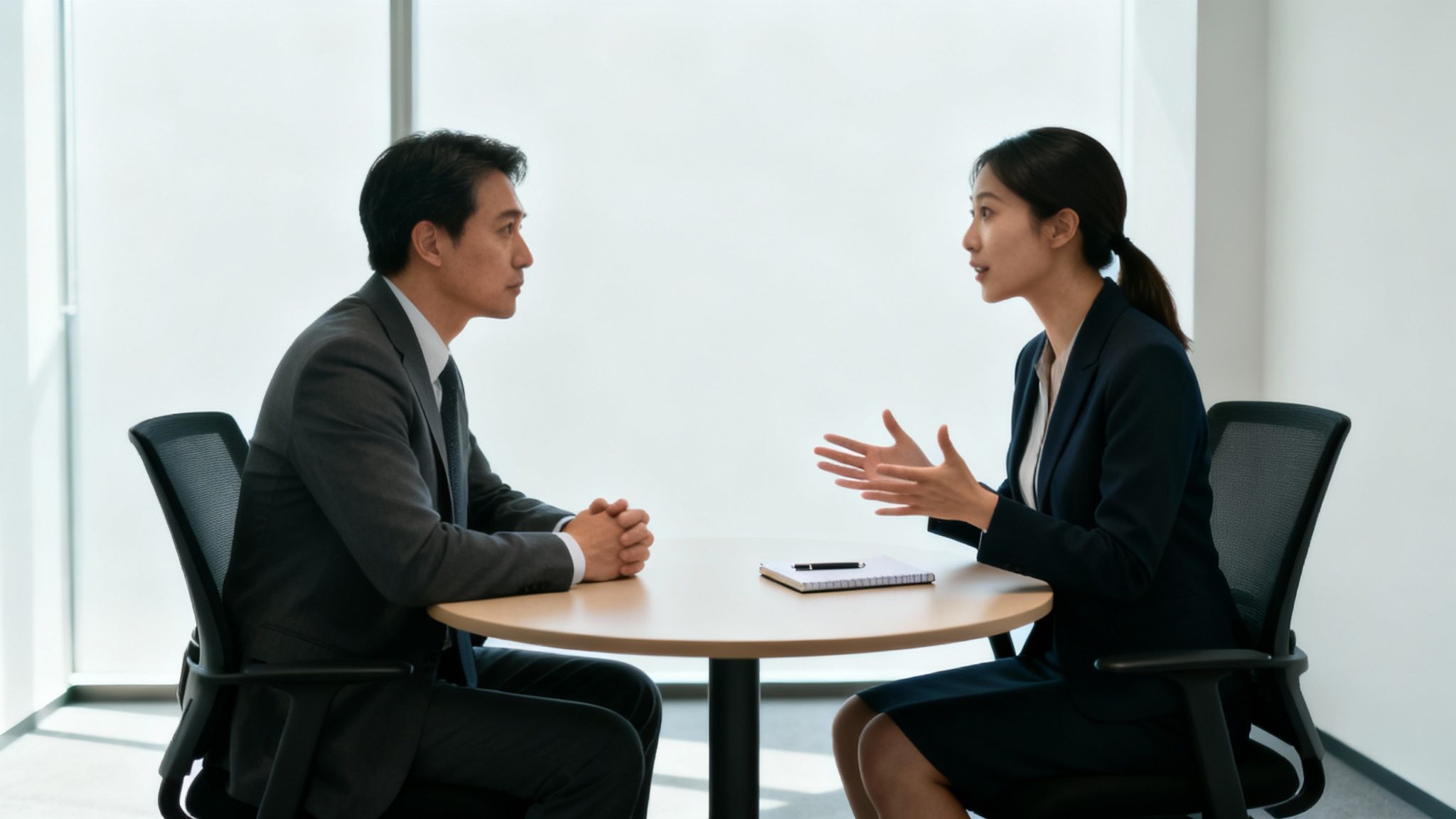 Two professionals in business attire having a discussion at a table in a bright office.