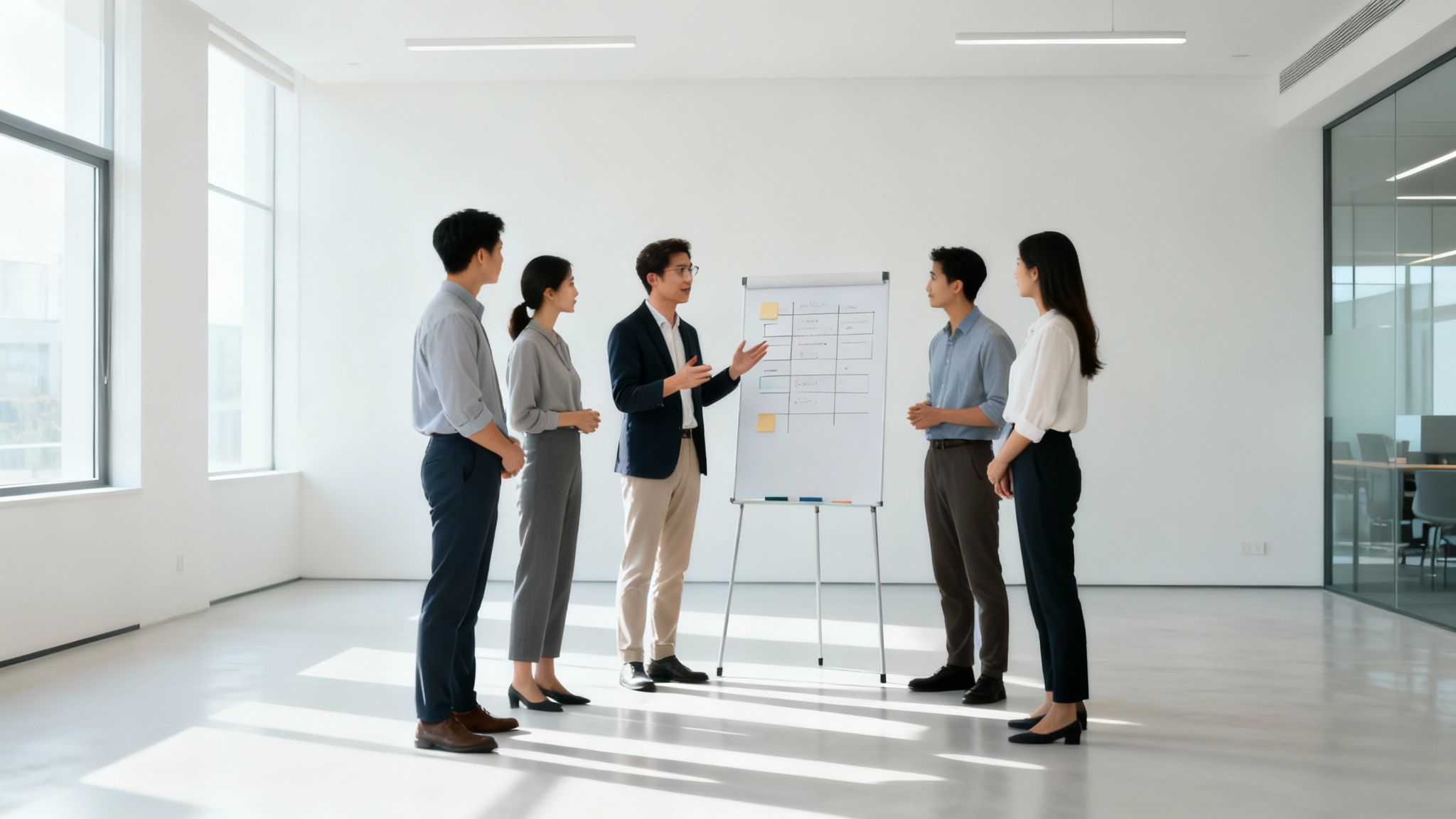 A diverse business team of five people in an office meeting, brainstorming around a flipchart.