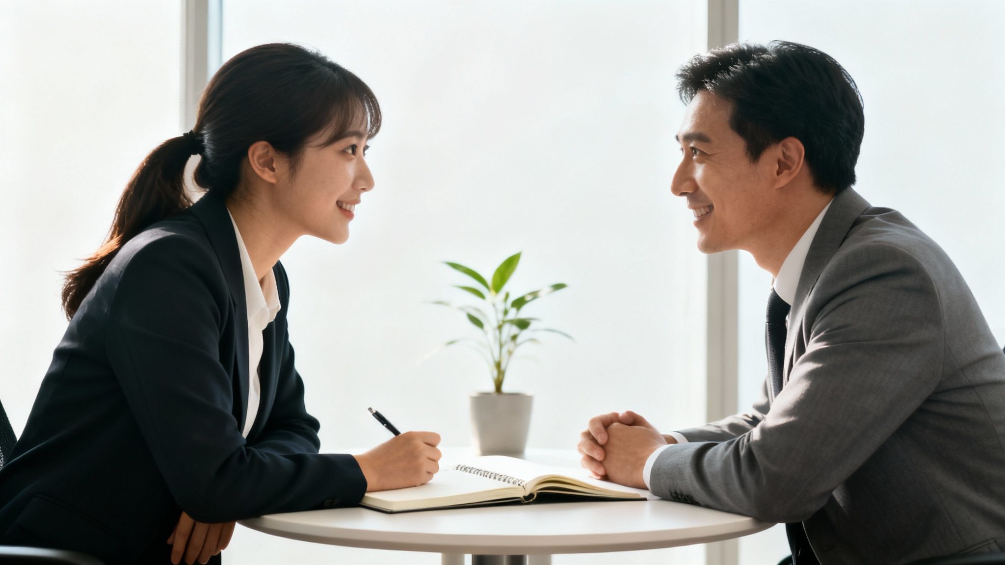 Two smiling business professionals, a woman and a man, engaged in a conversation at a table.