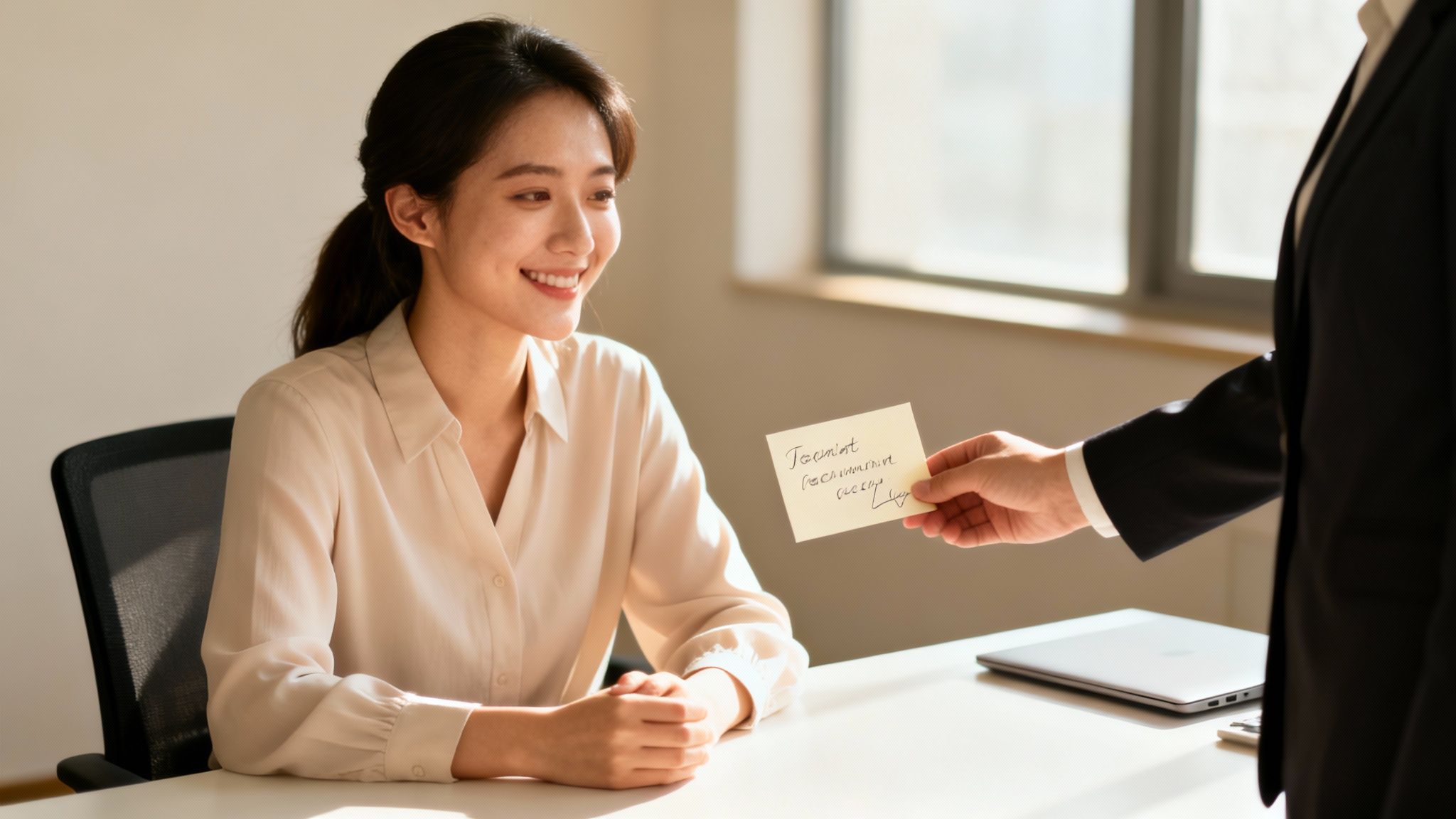 A smiling Asian woman receives a handwritten note from a professional man during a desk meeting.