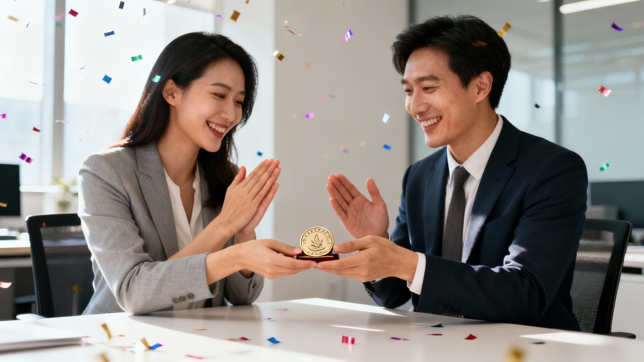 Two smiling colleagues celebrate an award in an office, with confetti falling around them.