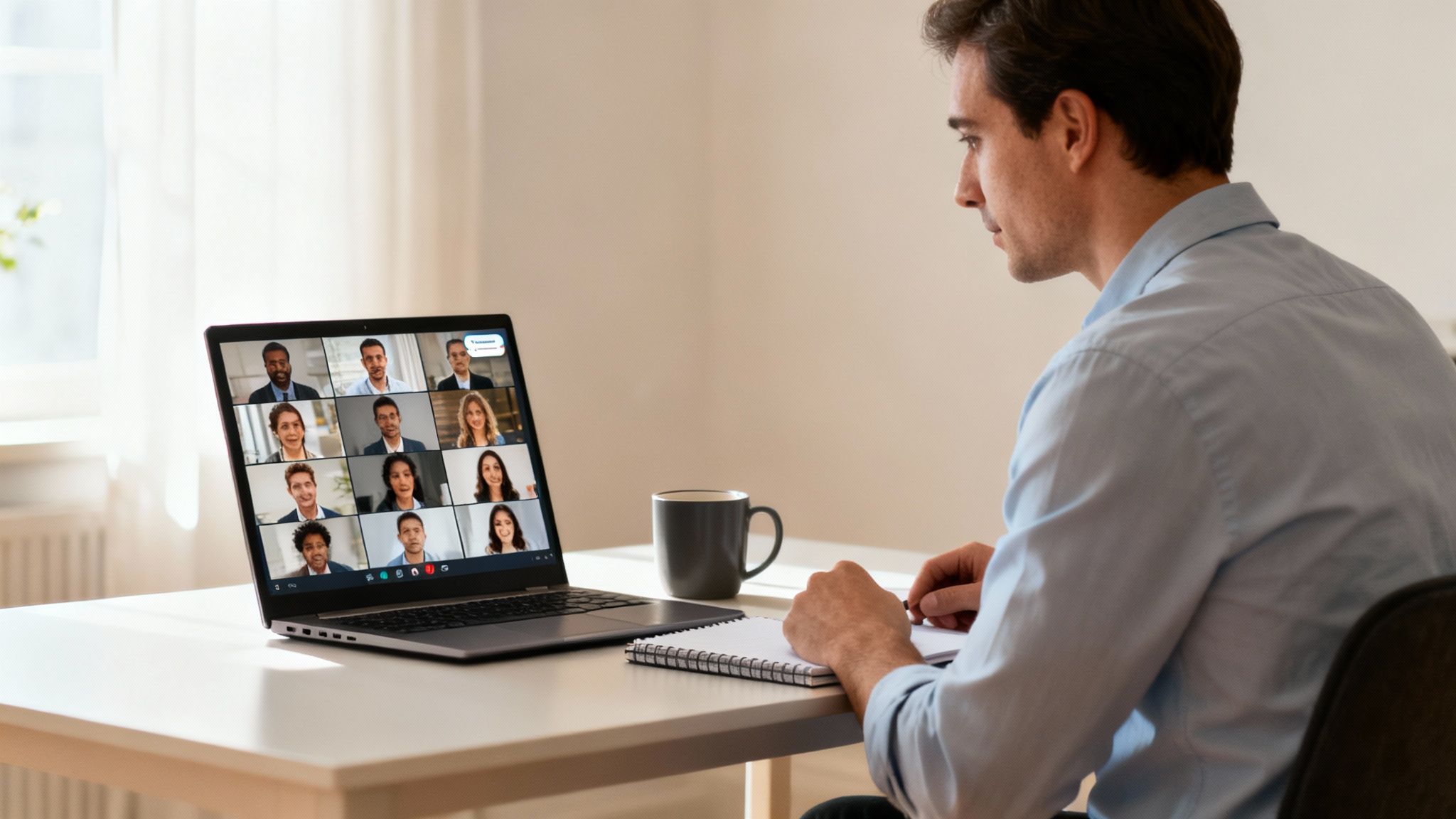 Man taking notes while engaged in a video conference call with multiple participants on his laptop.