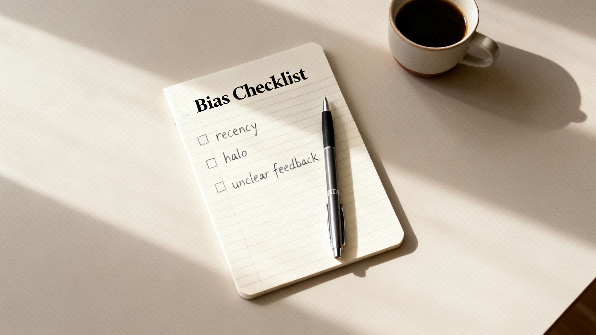 A notebook titled 'Bias Checklist' with items 'recency,' 'halo,' and 'unclear feedback' on a desk.