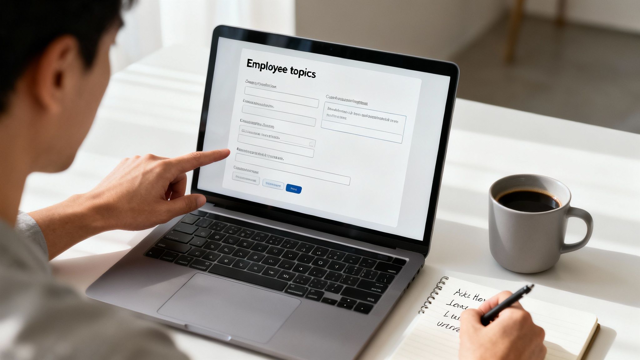 A person looks at a laptop screen showing an employee topics form while writing notes.