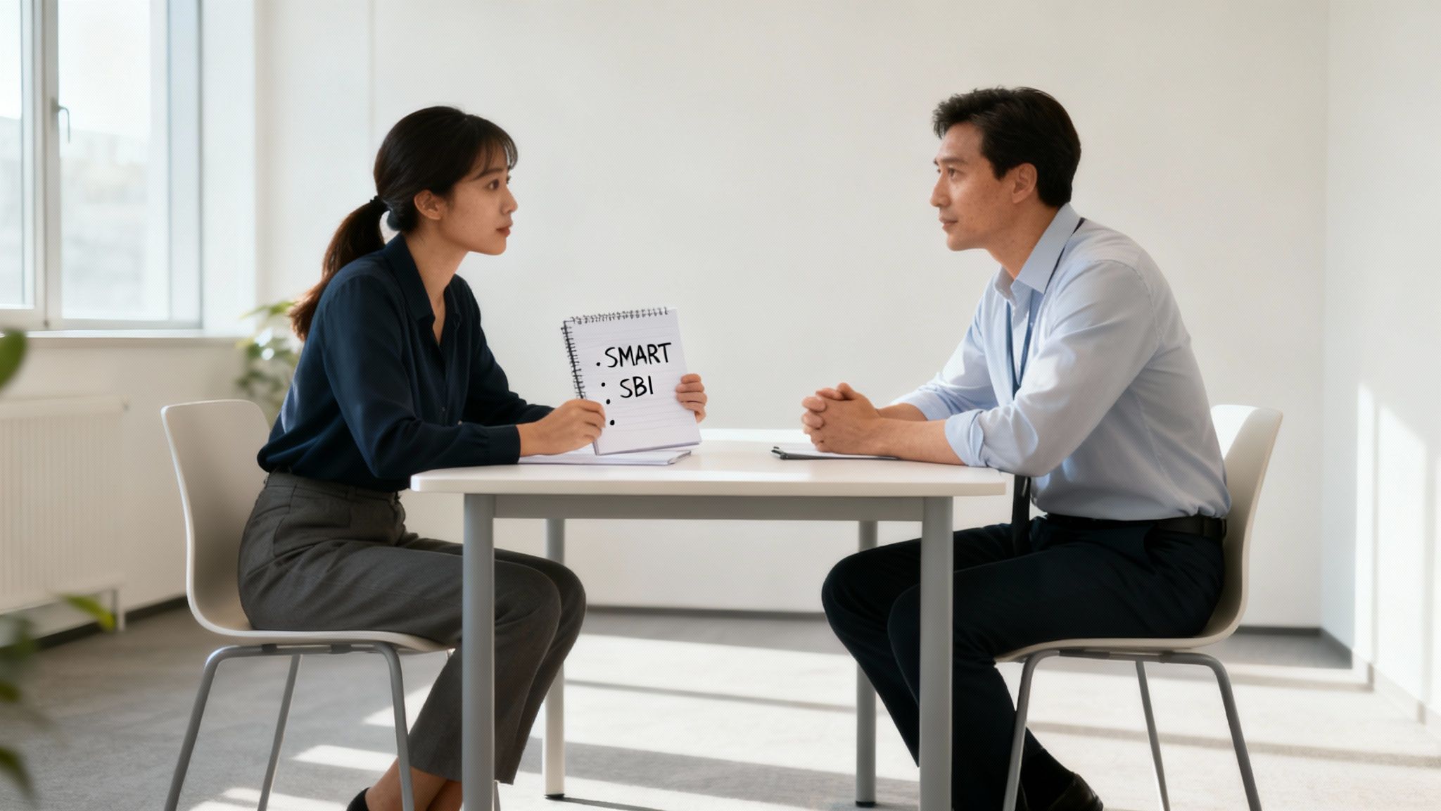 A person giving another person feedback during a meeting.