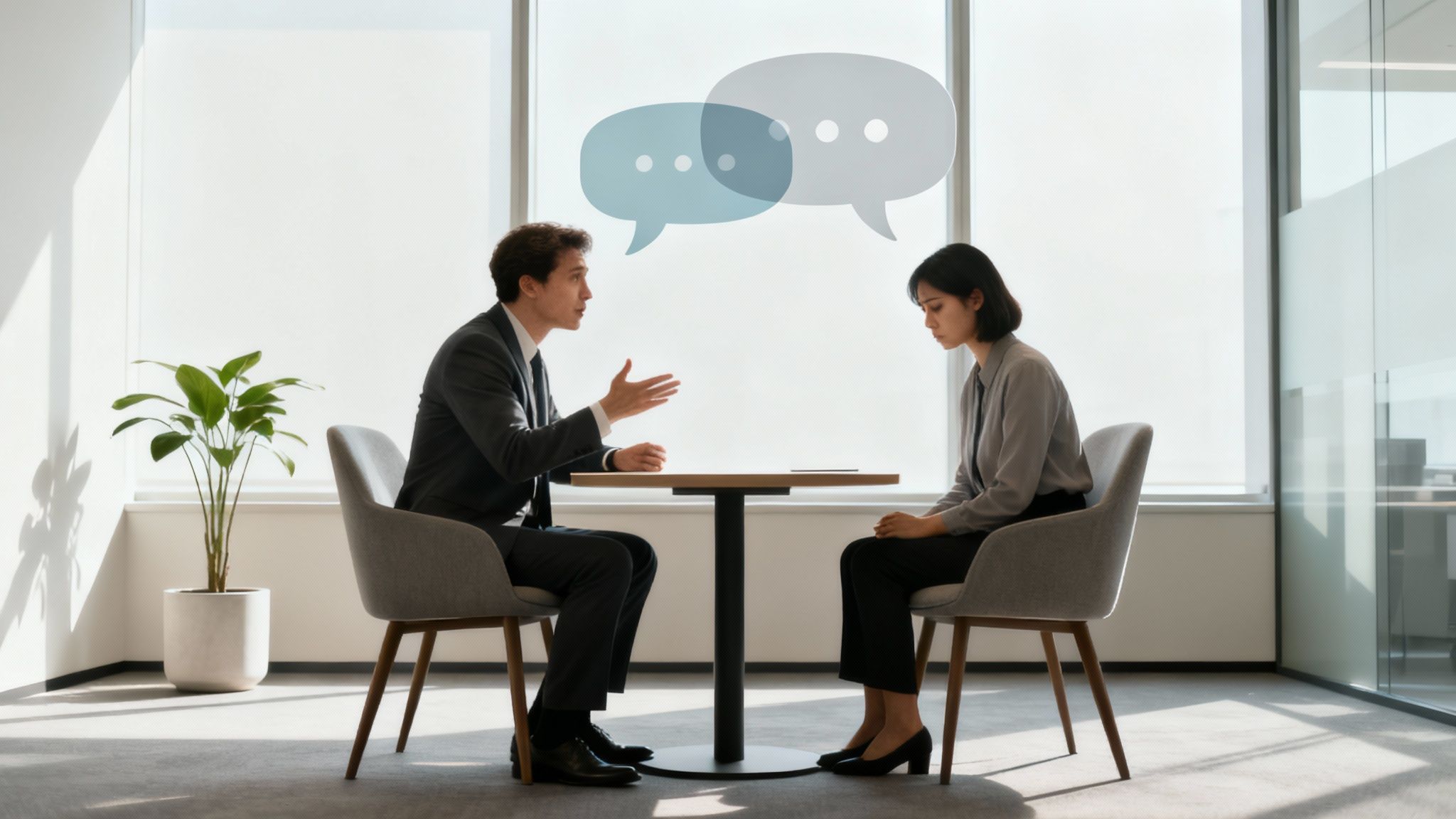 A manager giving feedback to an employee in a modern office setting.