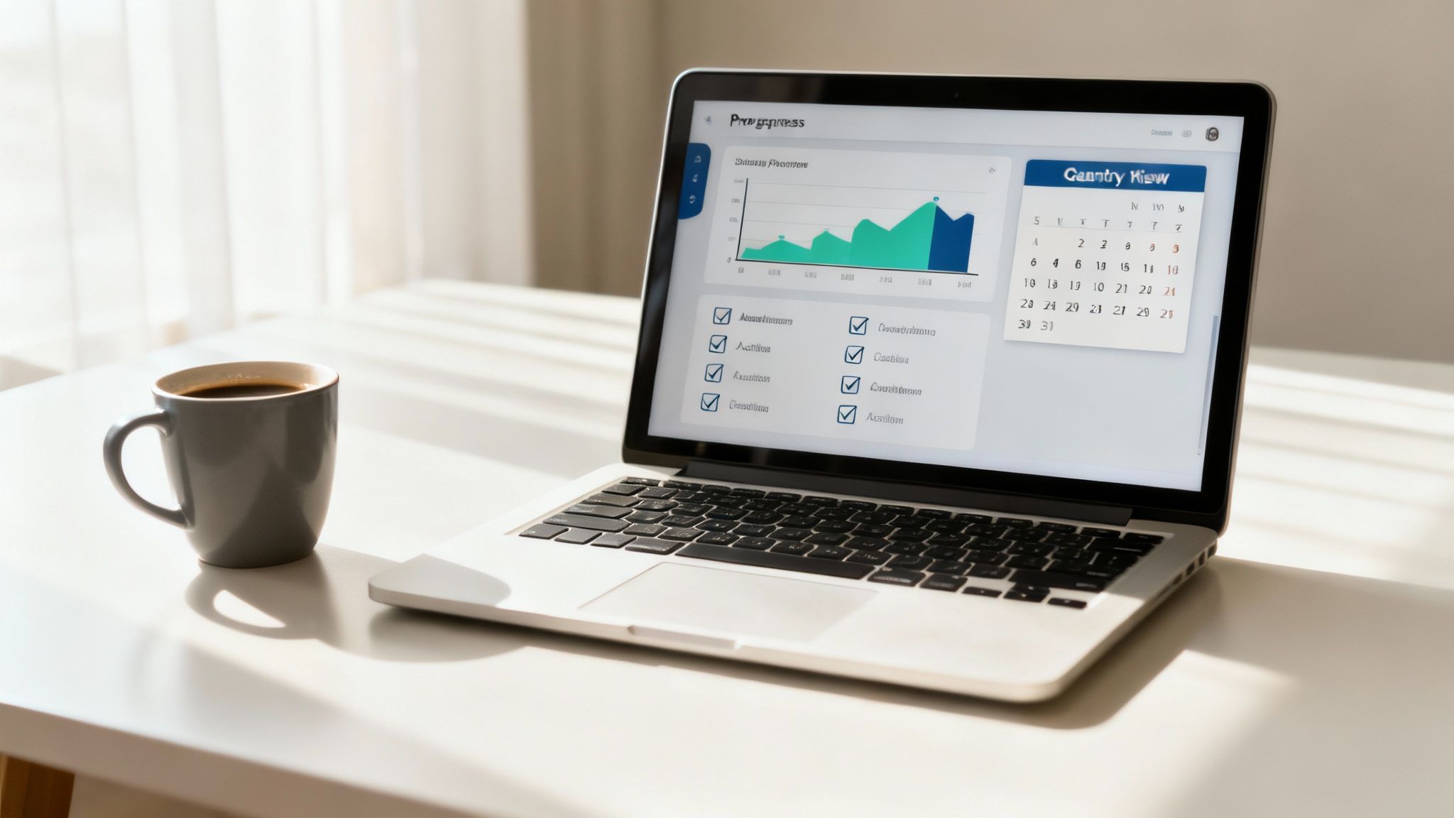 A manager reviewing charts and metrics on a digital tablet in an office setting.