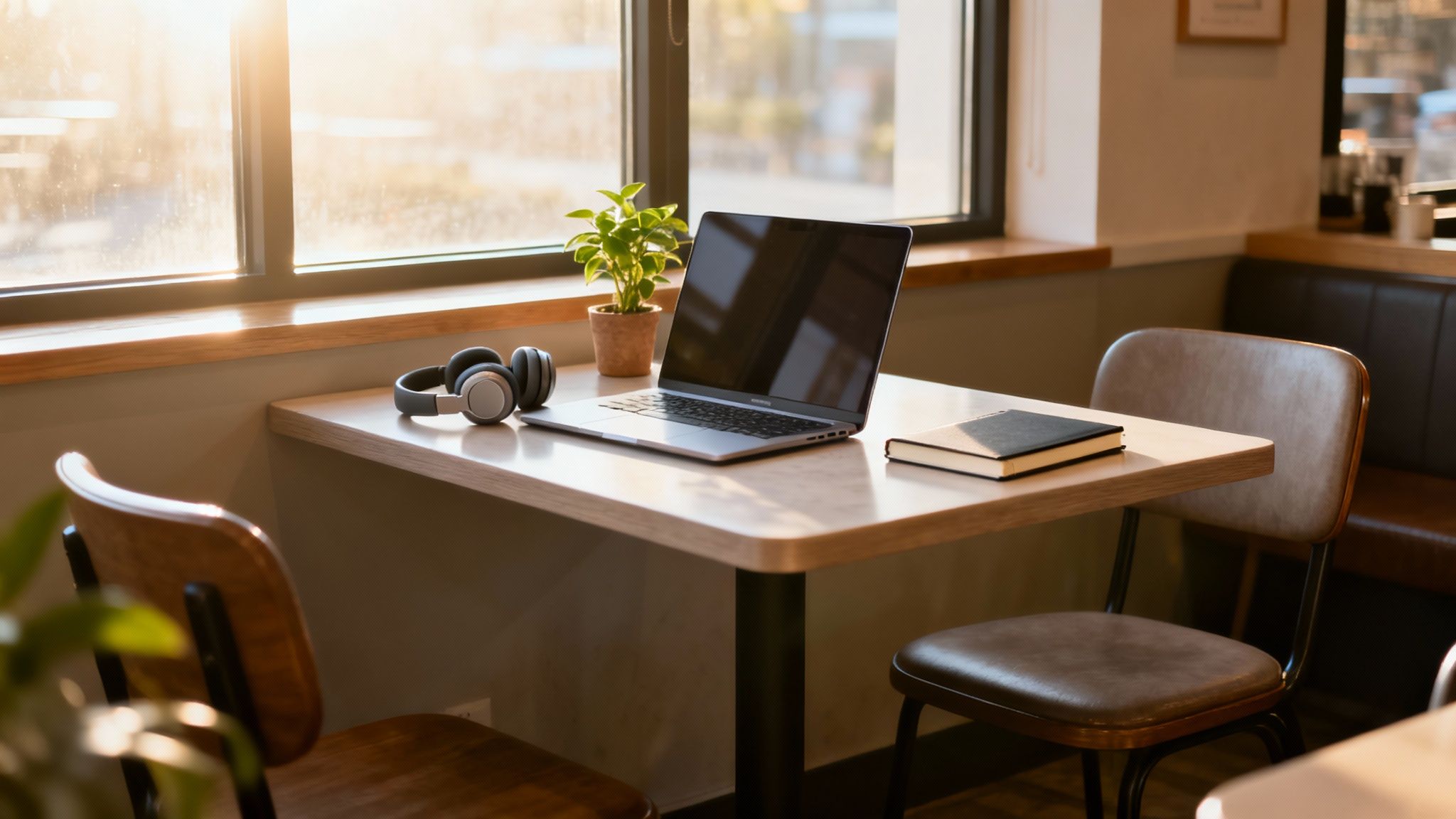 A modern laptop, headphones, and a notebook on a table in a sunlit cafe setting.
