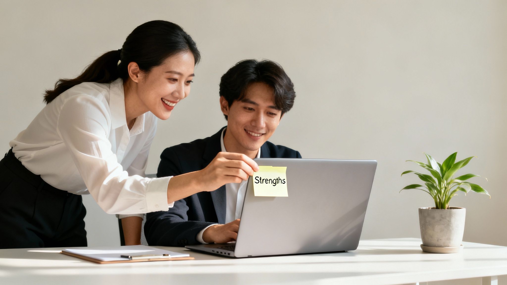 Two smiling colleagues discuss strengths feedback on a laptop, a sticky note reading 'Strengths' visible.