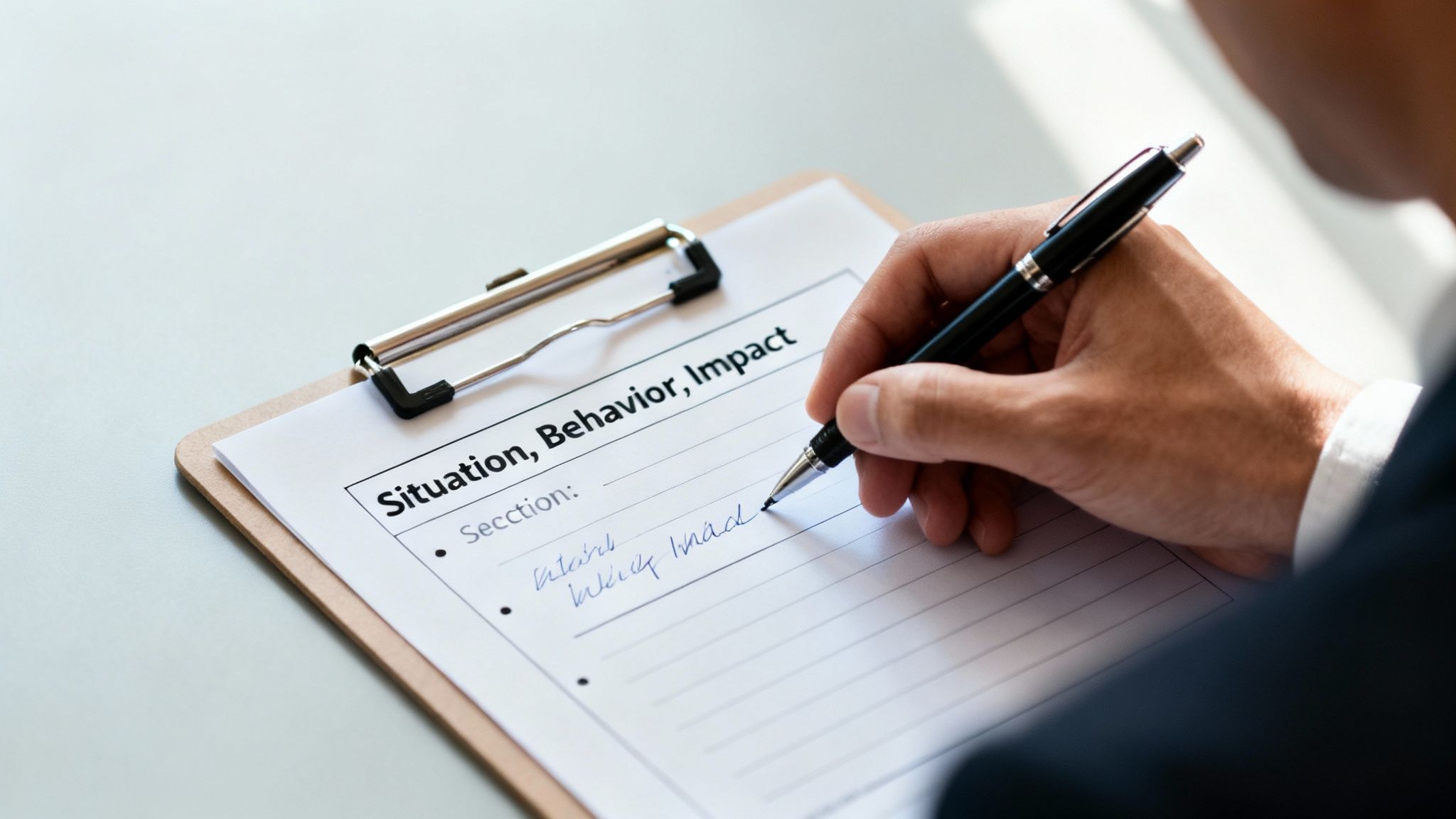 A person writes on a 'Situation, Behavior, Impact' form on a clipboard.
