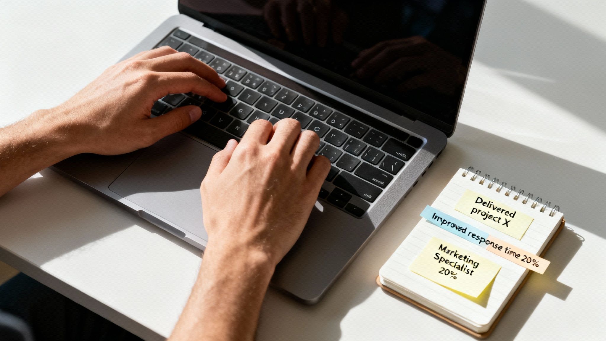 Hands typing on a laptop keyboard with a notebook showing performance goals and achievements.