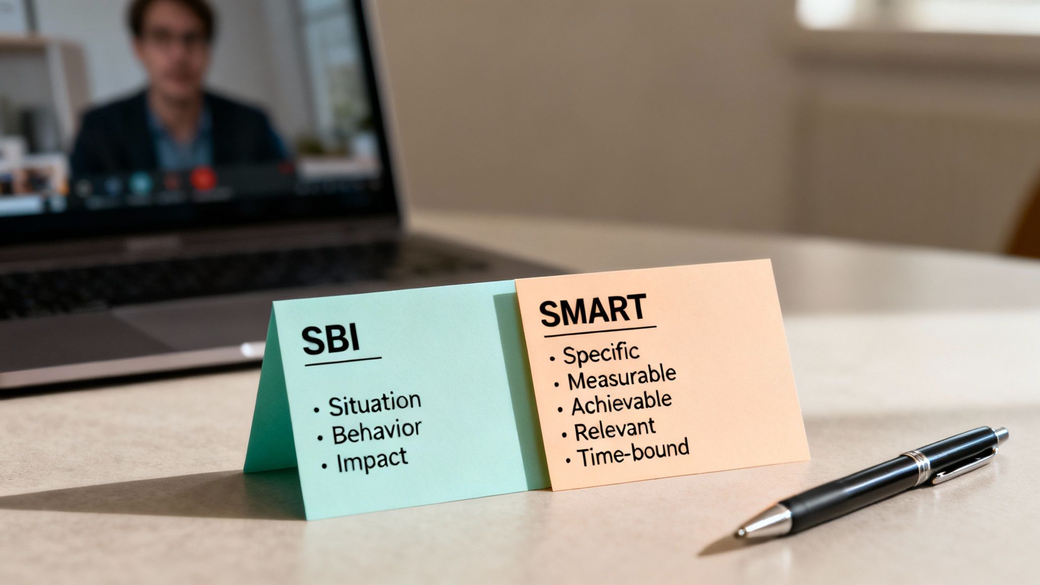 SBI and SMART coaching model cards on a desk with a laptop showing a video conference.