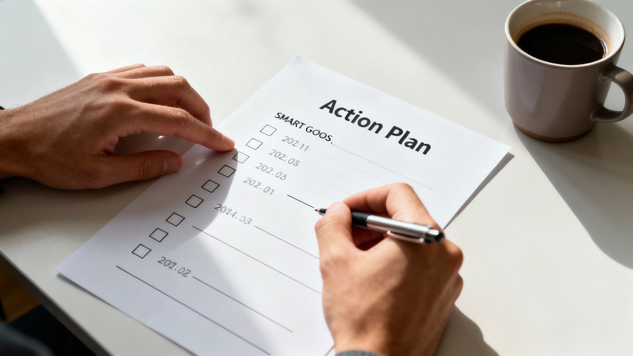 A person's hands working on an action plan checklist with a pen and coffee.
