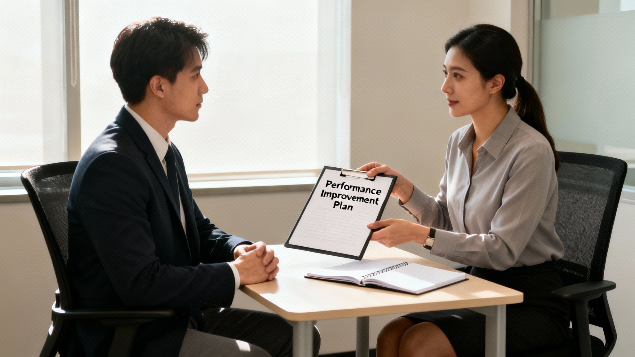 A woman presents a Performance Improvement Plan on a clipboard to a male employee during an office meeting.