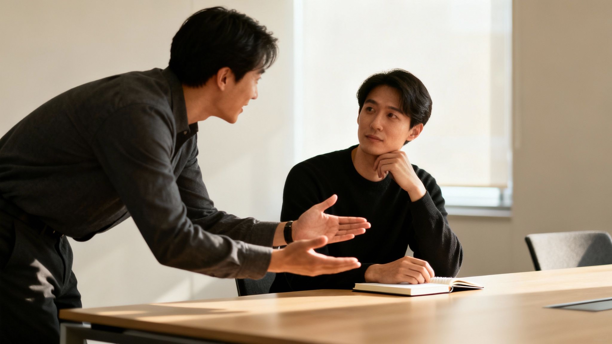 Two Asian men having a discussion in a bright office, one gesturing while talking, the other listening intently.