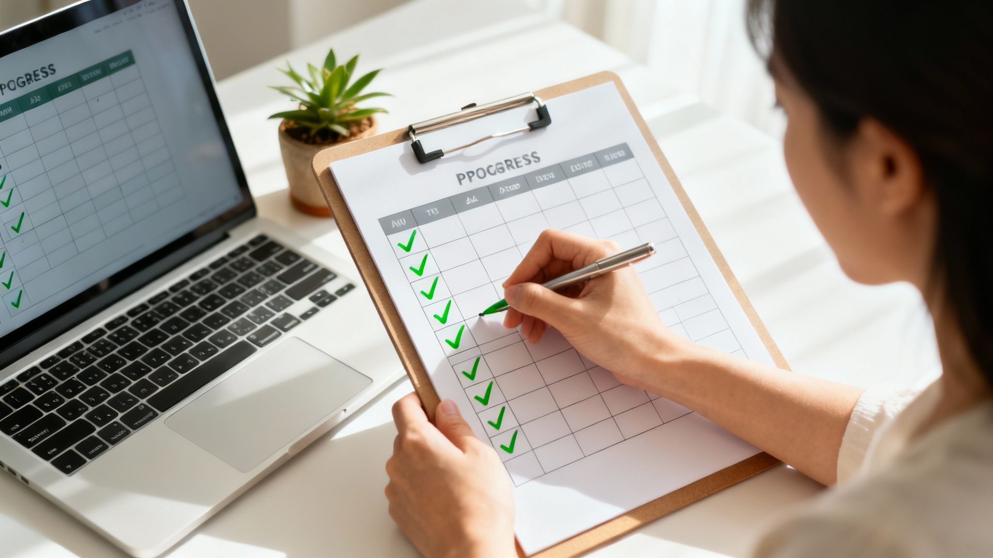 A person at a desk reviewing progress charts on a computer, symbolizing tracking a development plan.