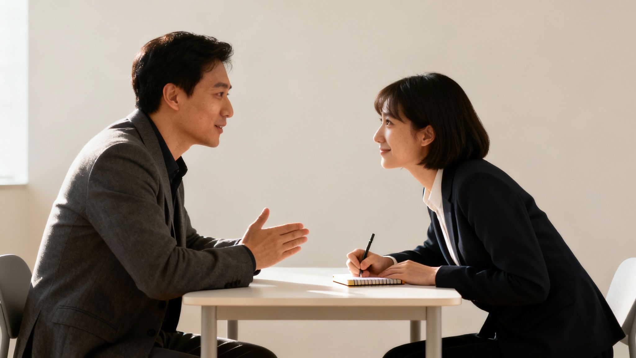 Two business professionals discussing, with one taking notes, in a brightly lit meeting room.