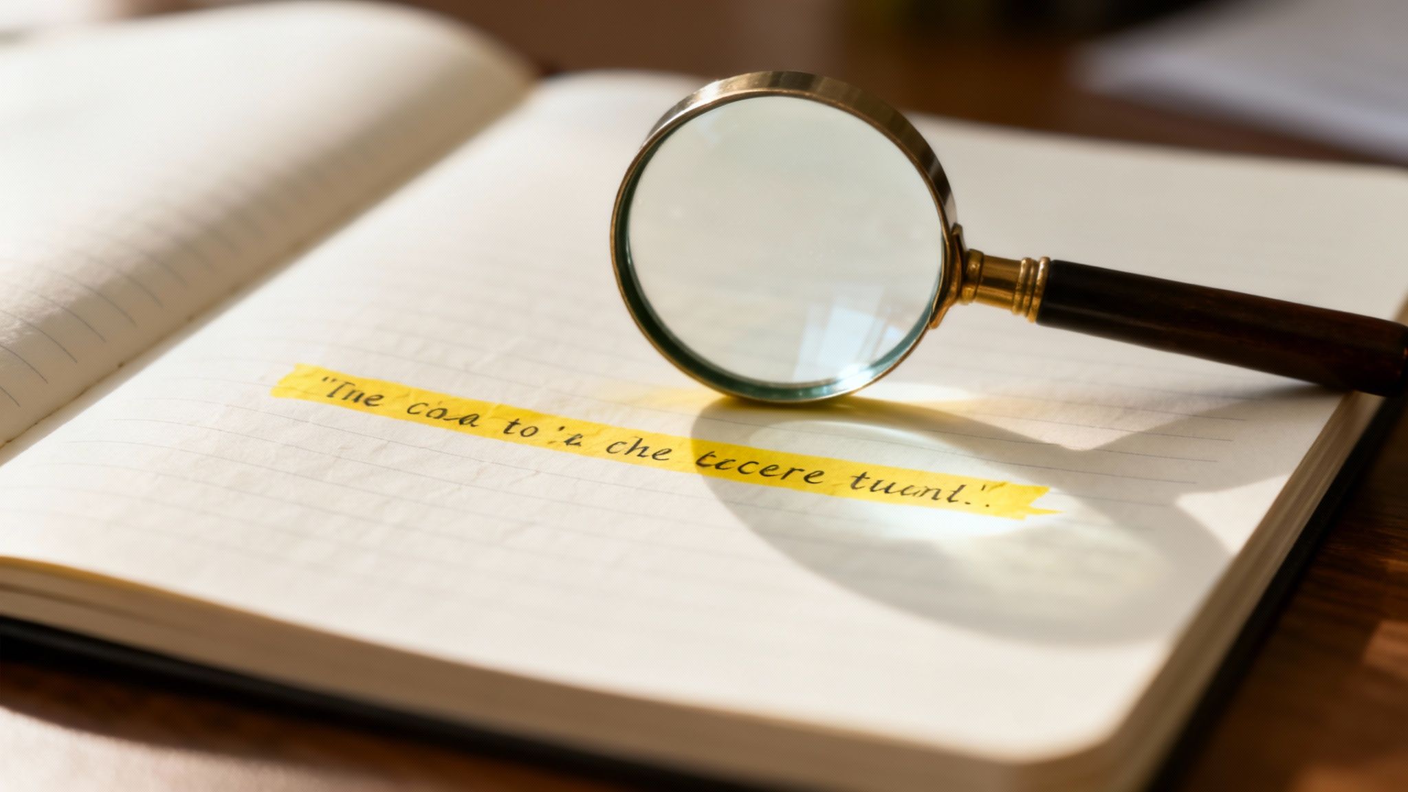A magnifying glass sits on an open lined notebook, highlighting a handwritten Italian phrase.