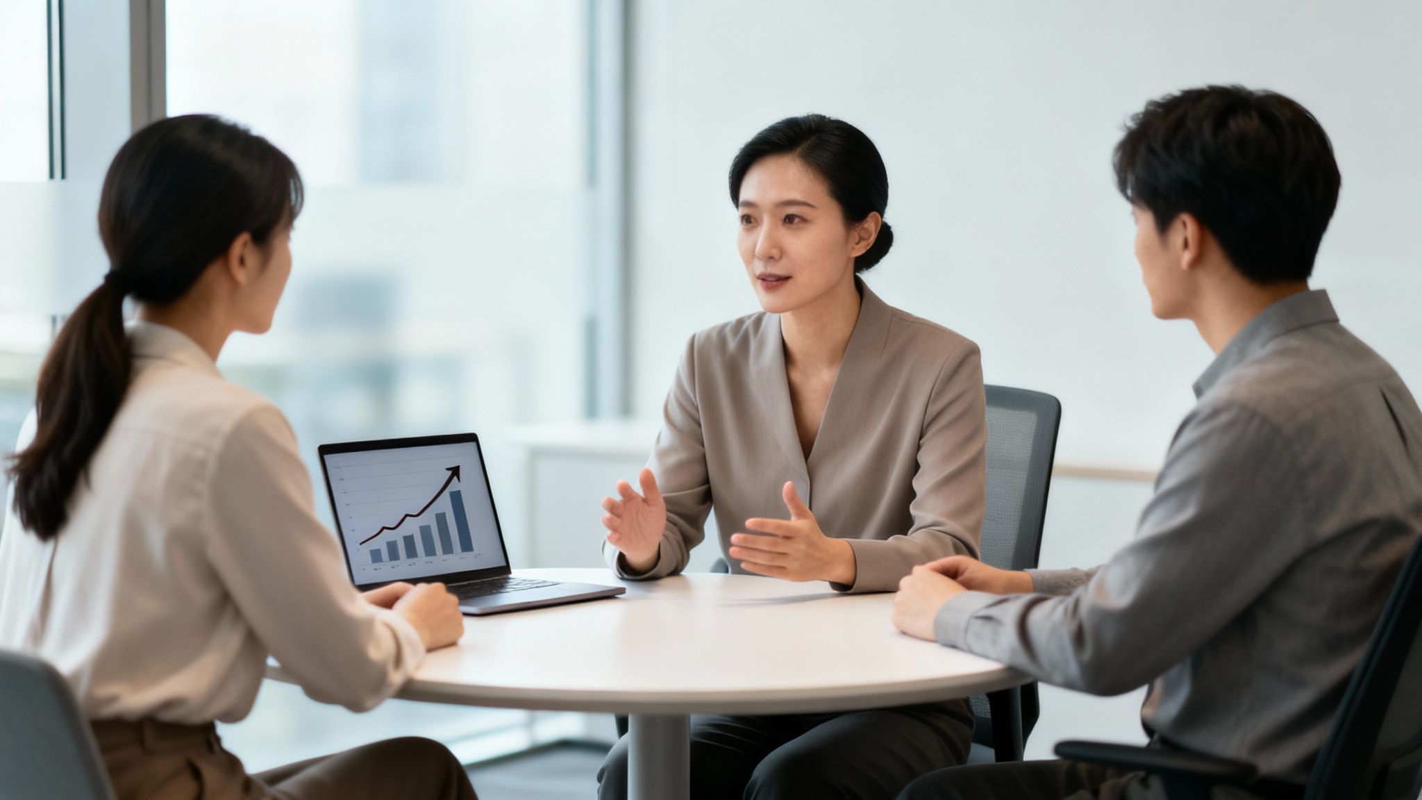 Three business professionals discuss a growth chart on a laptop during a modern office meeting.