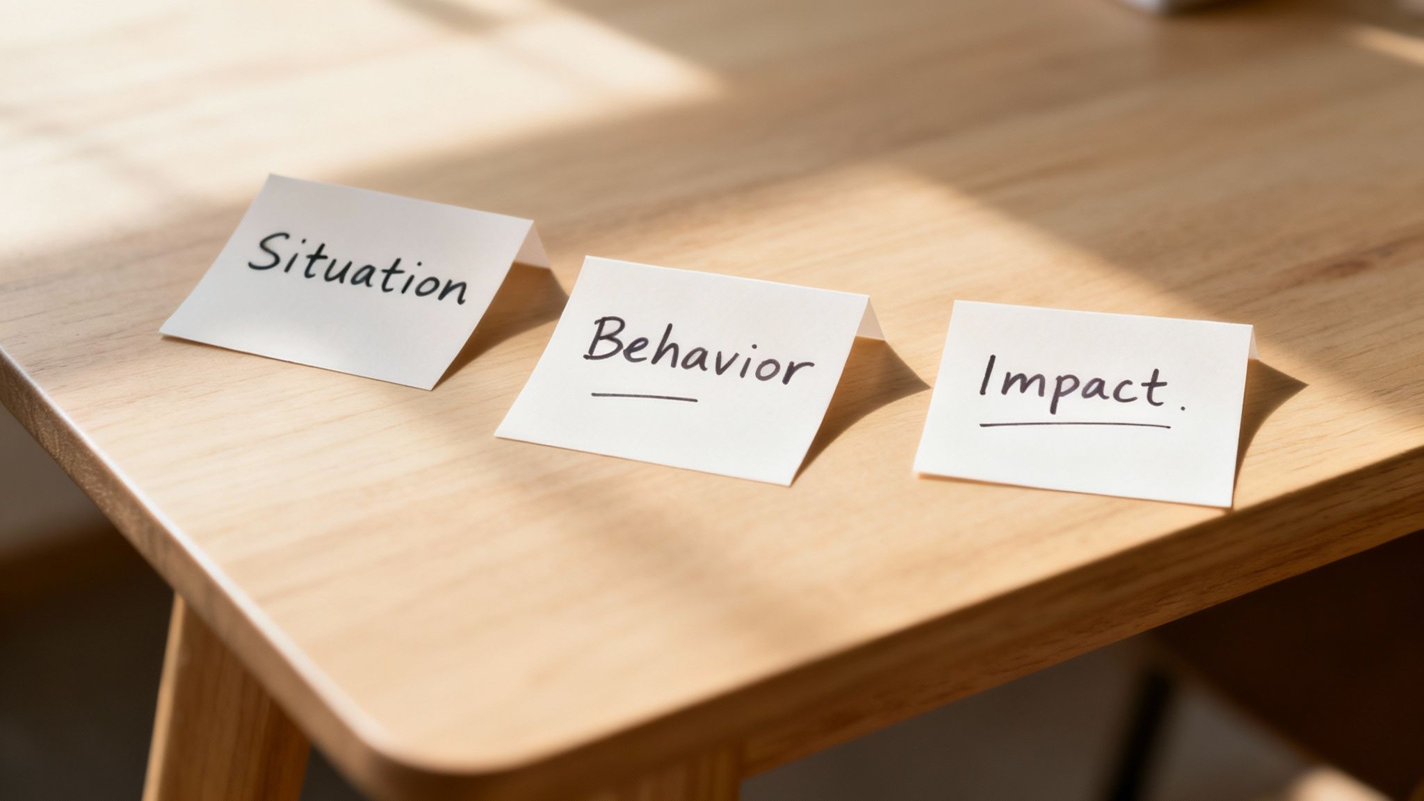 Three sticky notes on a wooden table labeled 'Situation,' 'Behavior,' and 'Impact' in sunlight.