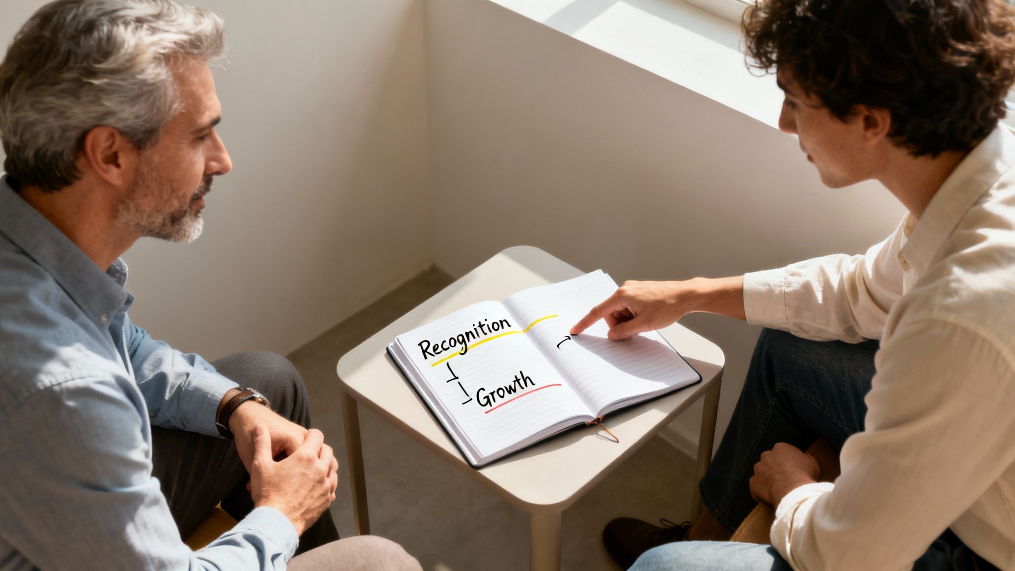 Two men discuss a notebook showing 'Recognition' and 'Growth' during a one-on-one meeting.