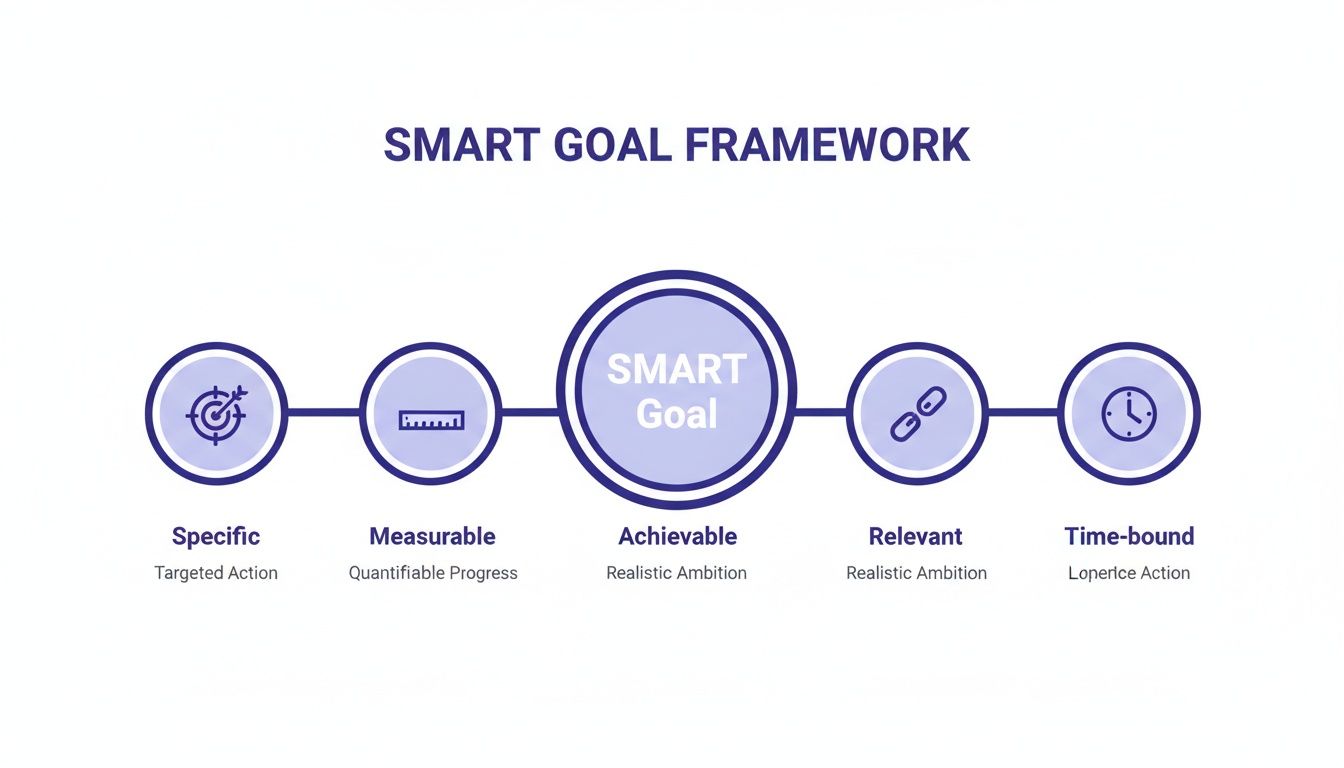 Infographic illustrating the SMART Goal Framework, detailing Specific, Measurable, Achievable, Relevant, and Time-bound elements.