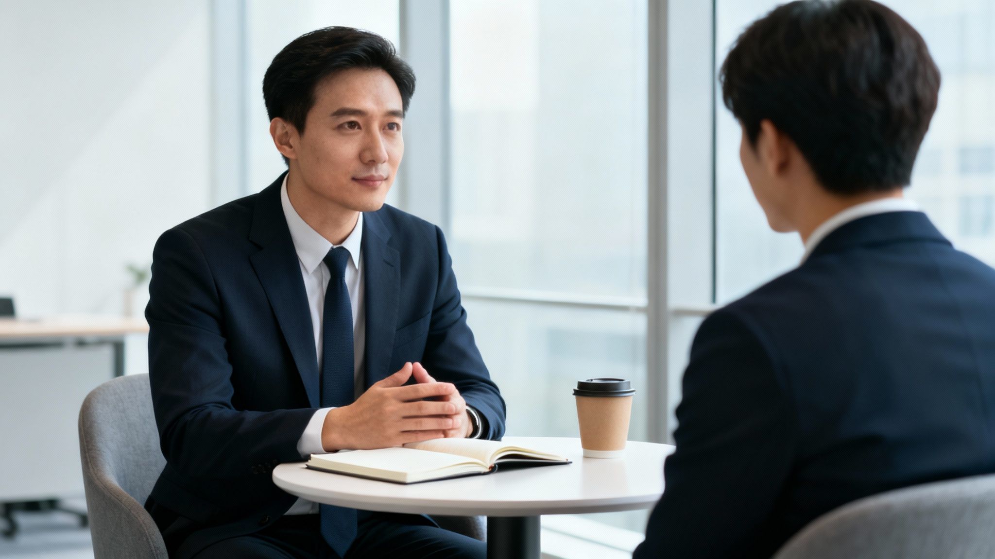 Professional Asian man in a suit talking during a business meeting with a partner.