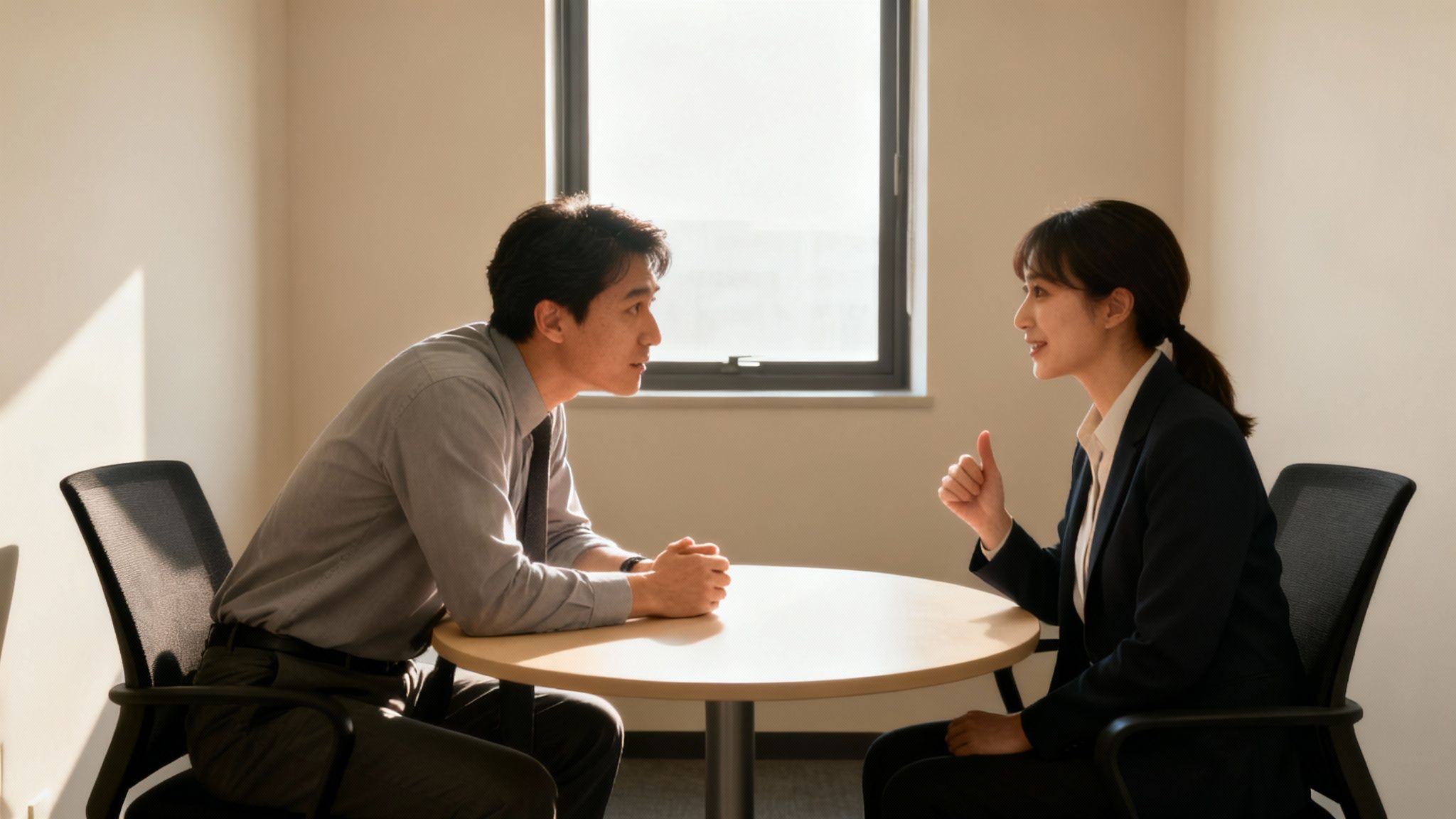 A manager and an employee having a calm, one-on-one conversation in a private meeting room.