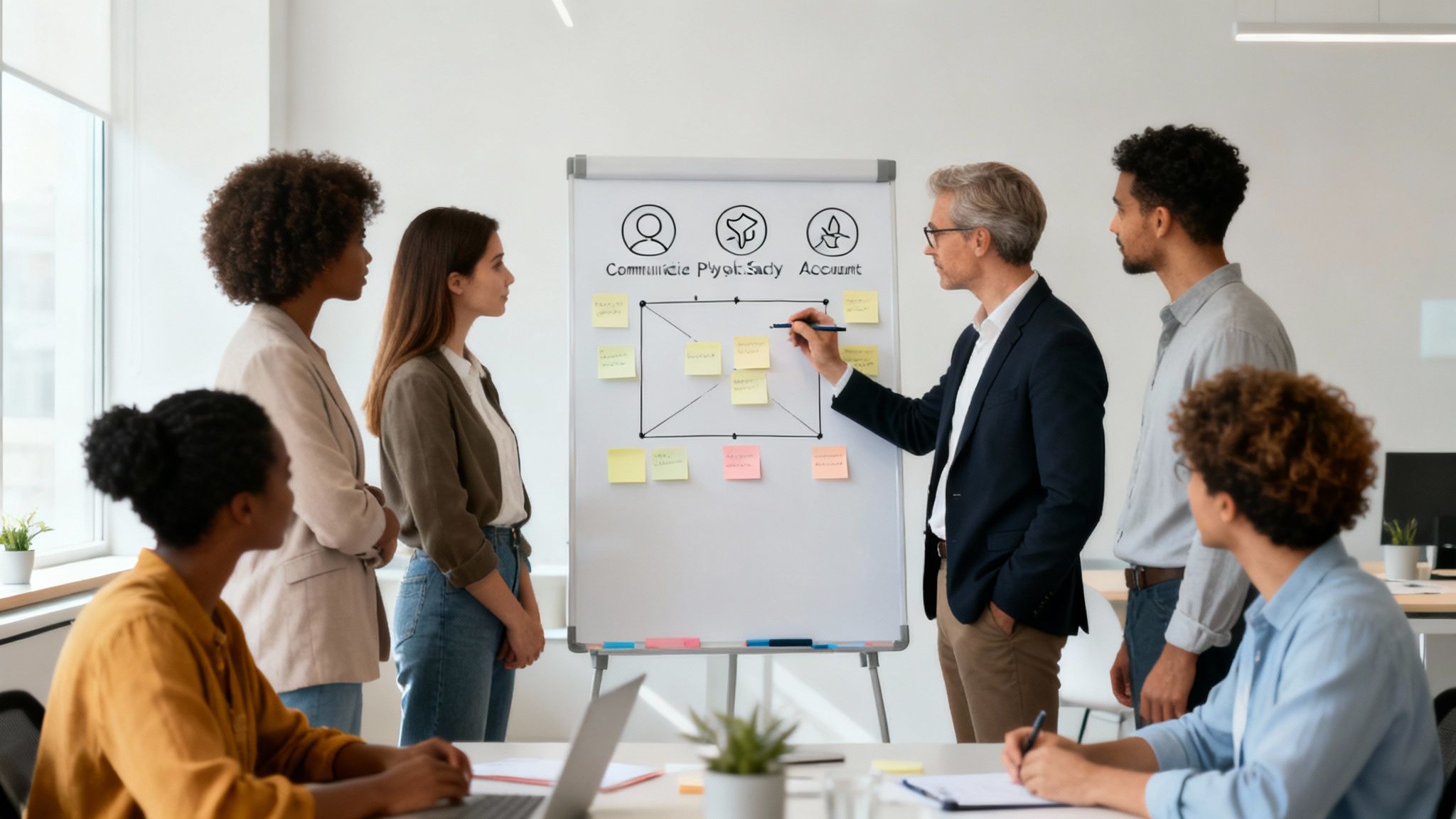 Diverse business team collaborating on a whiteboard in a modern office, discussing strategy.