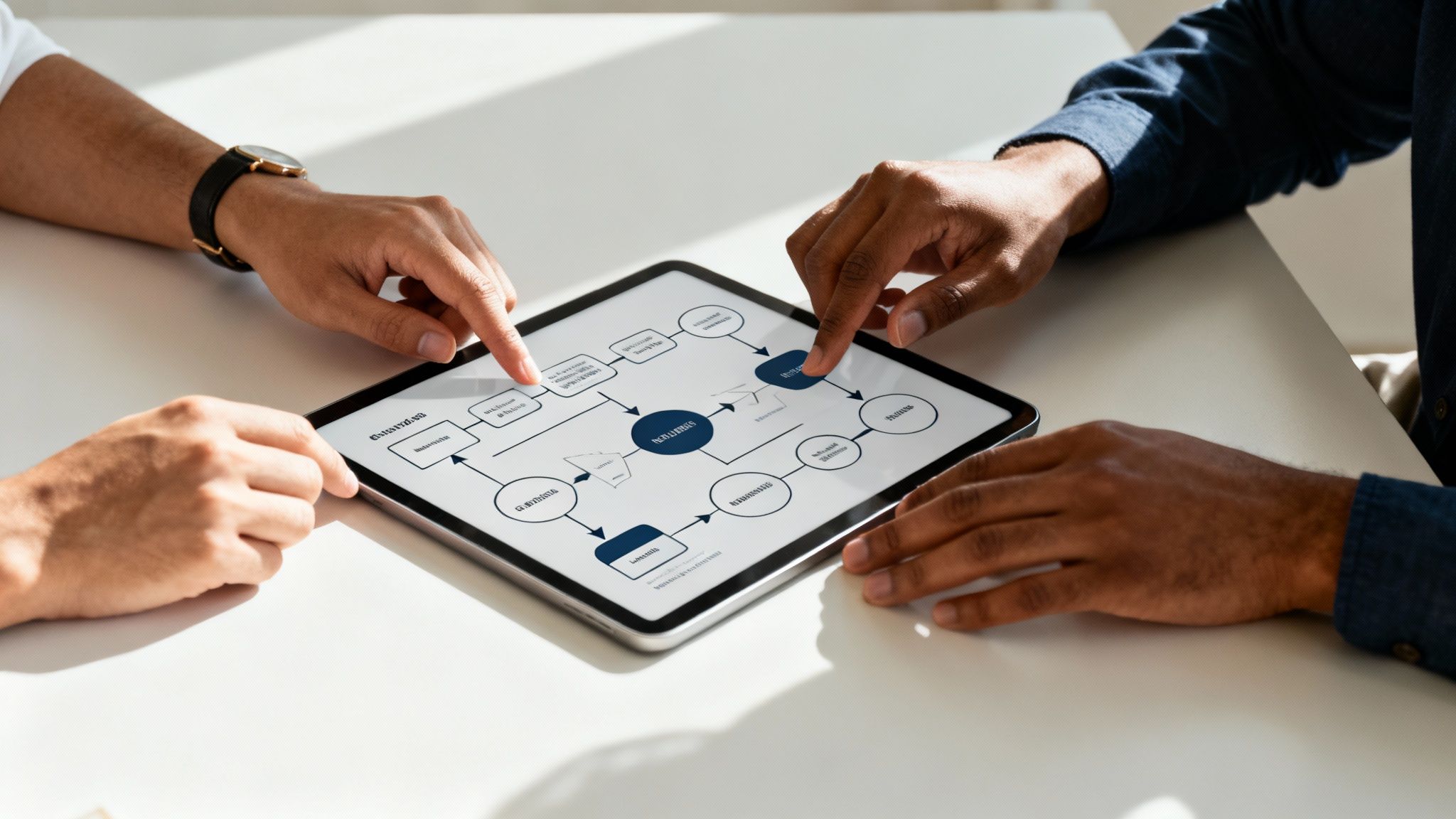 Two colleagues collaborate on a tablet, analyzing a flowchart to discuss business strategies.