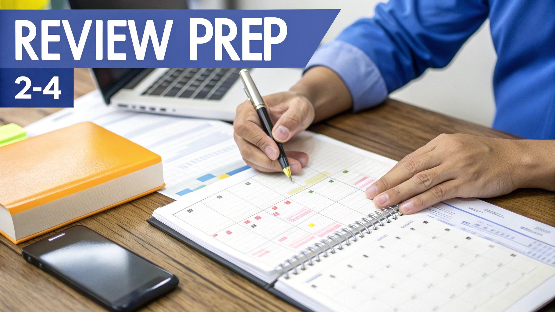 A manager sits at a desk, reviewing documents and making notes in preparation for a meeting.