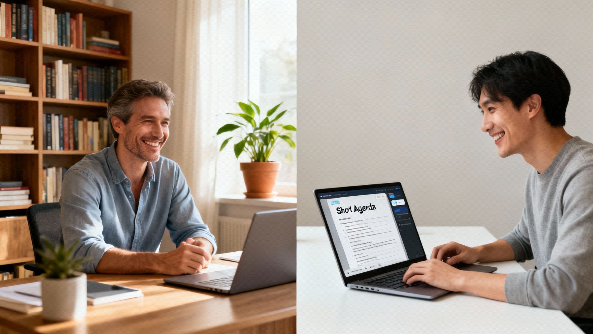 Two smiling men in different office settings are engaged in a virtual meeting using laptops.