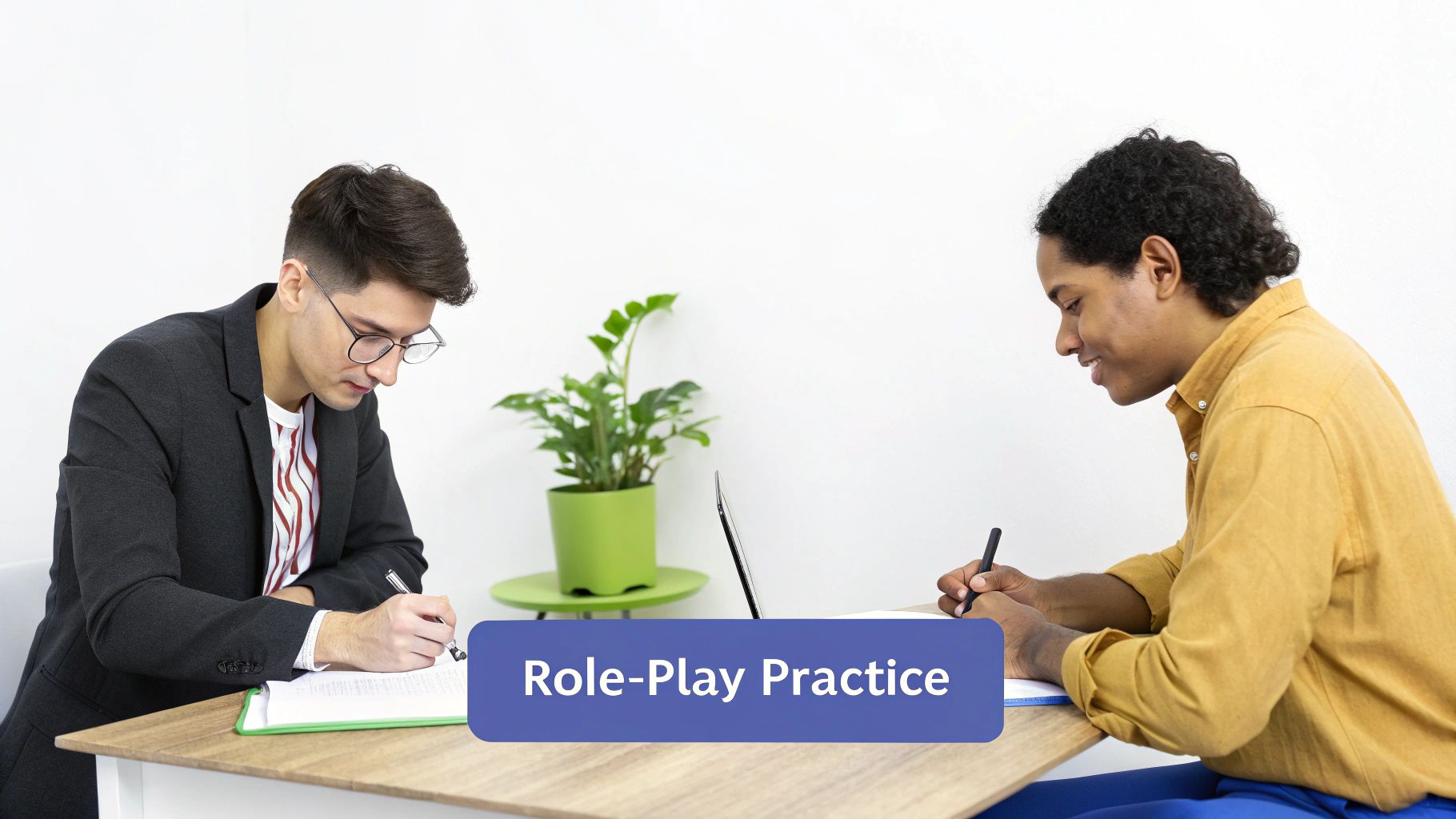 Two colleagues in an office role-playing a feedback scenario