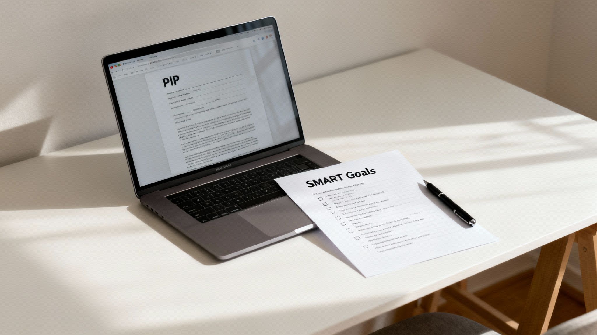 A laptop displaying a Performance Improvement Plan document and a SMART Goals checklist with a pen on a white desk.