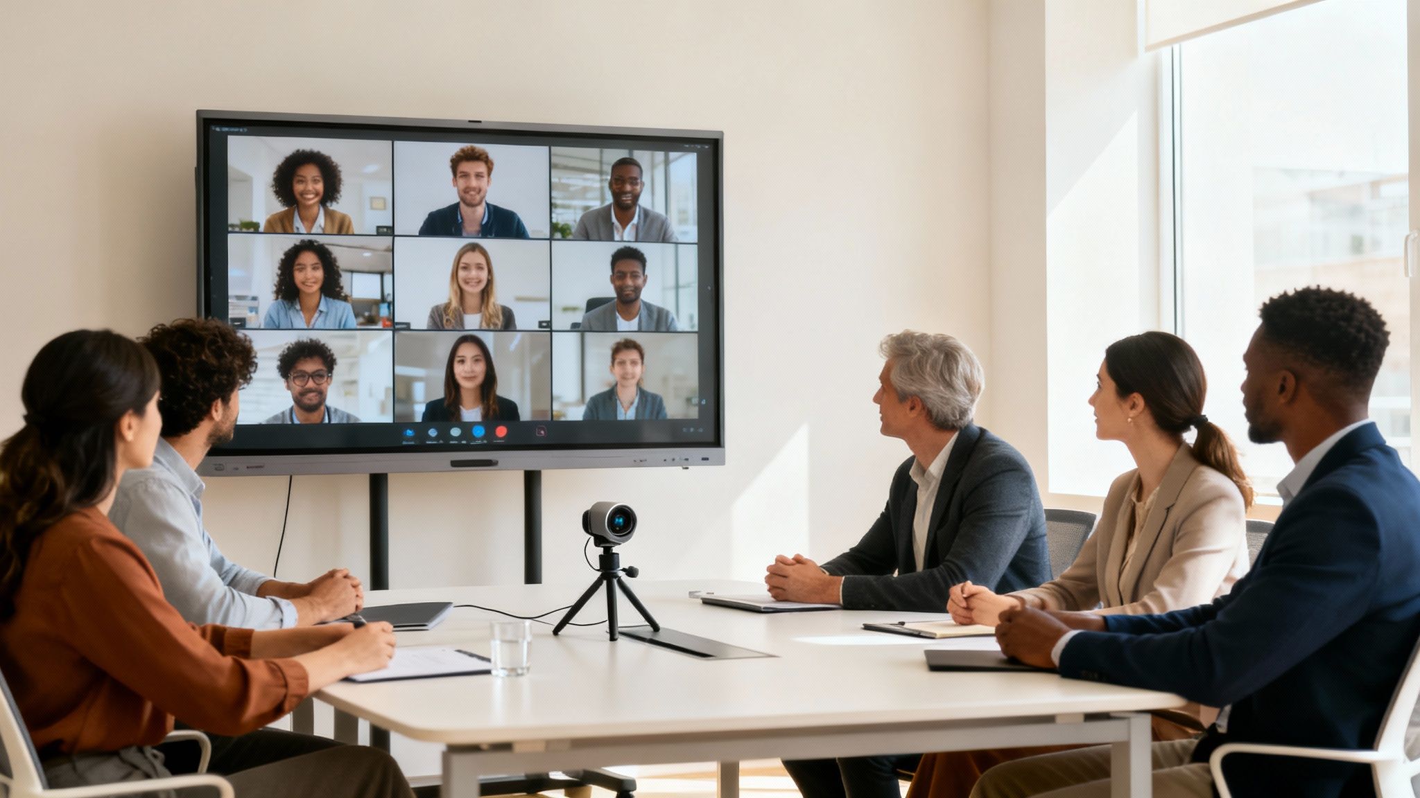 Diverse business team in a modern conference room attending a hybrid video call with remote colleagues.