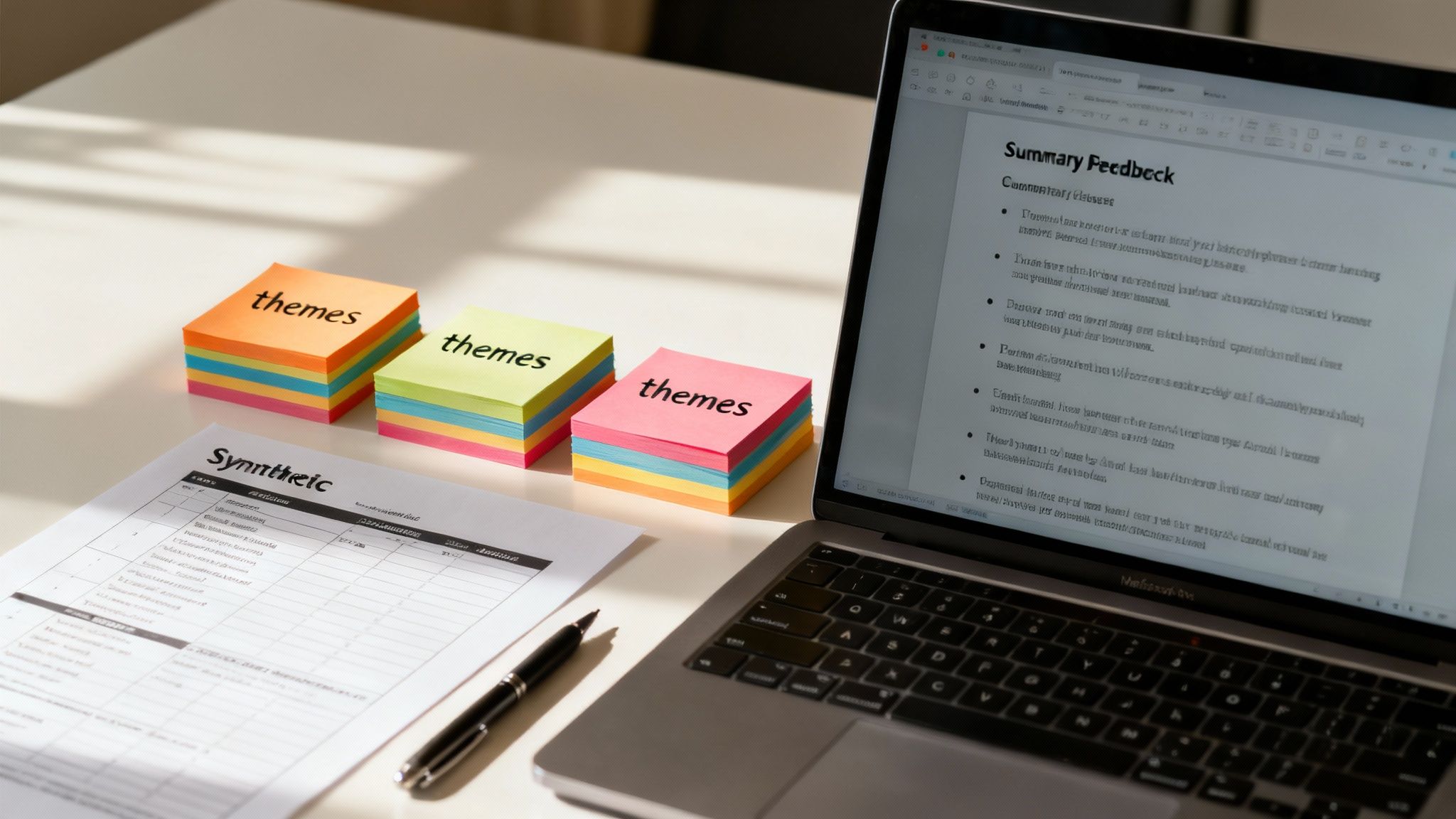 A person sitting at a desk with papers and a laptop, carefully reviewing and organizing information.