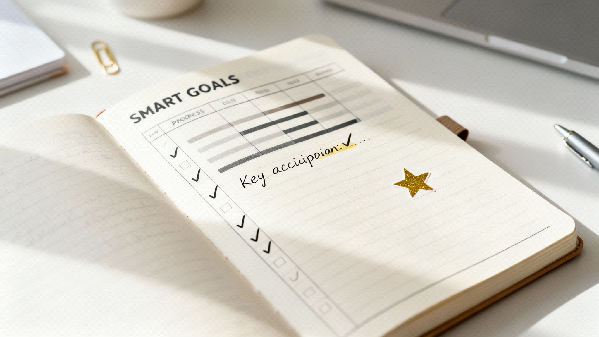 Open notebook showing SMART goals with checkboxes and a handwritten task, marked with a gold star.