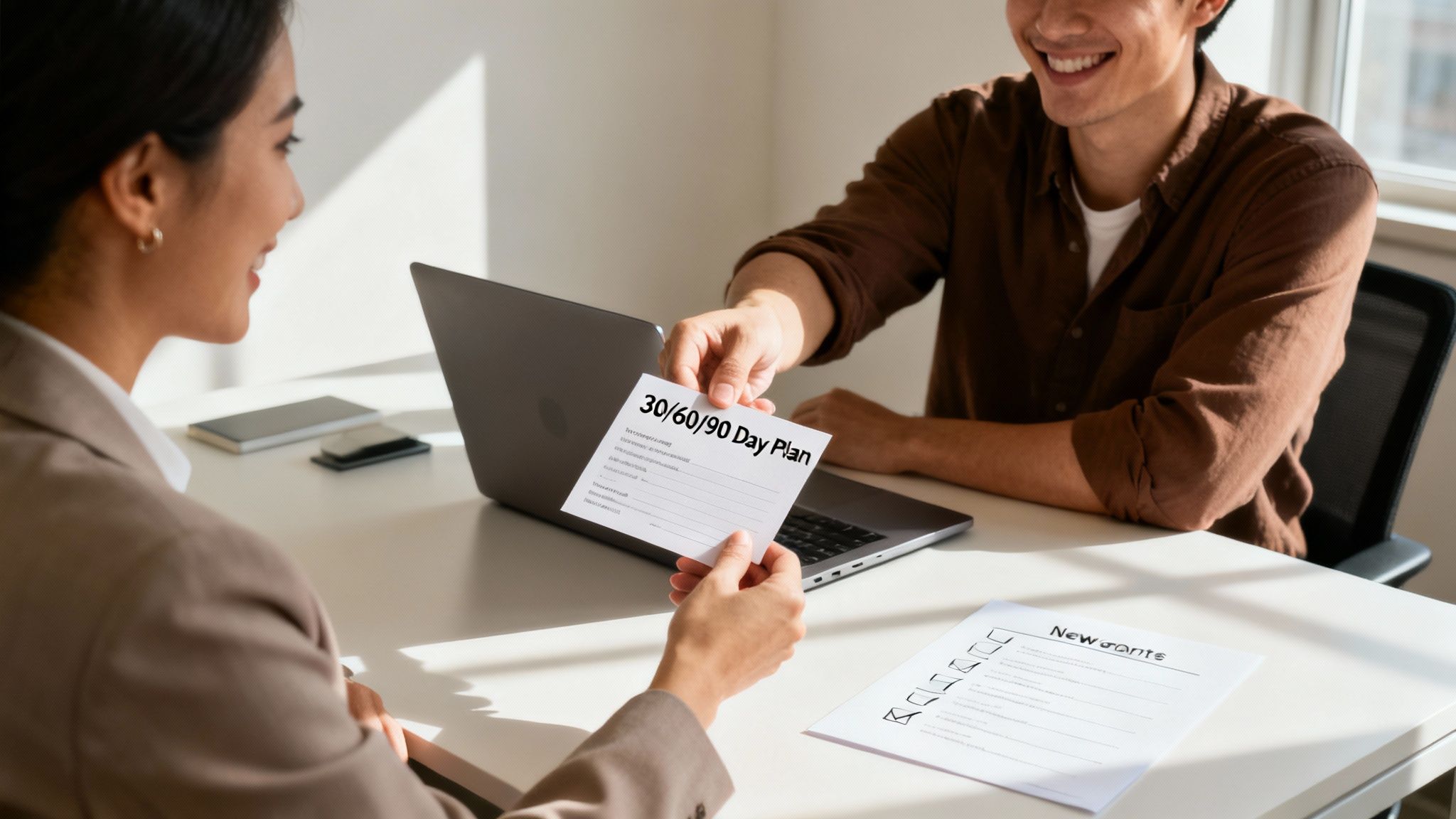 Smiling colleagues exchange a '30/60/90 Day Plan' document during a professional meeting at an office desk.