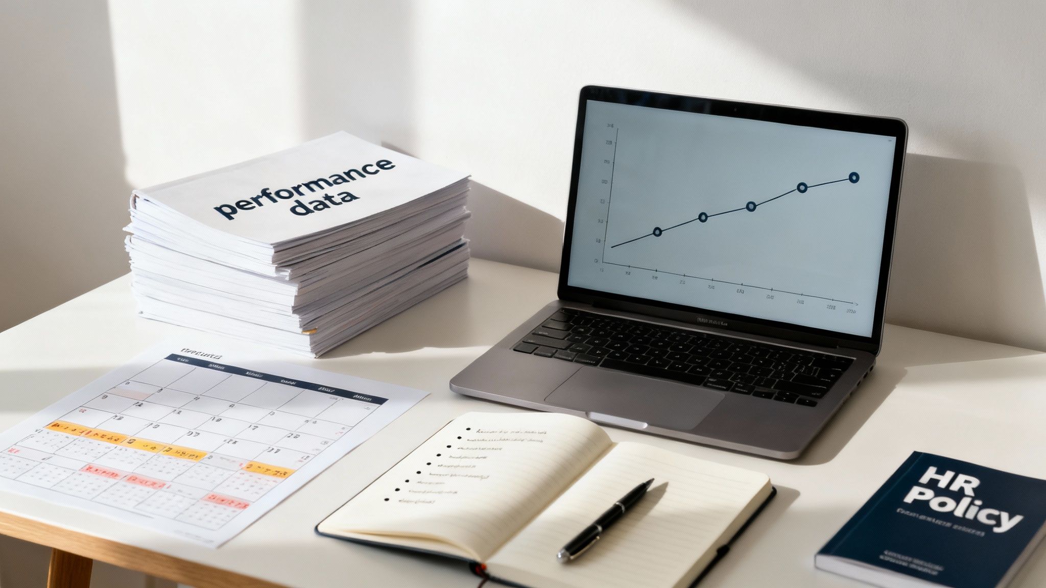 Desk with 'Performance Data' documents, laptop showing a growth graph, calendar, and 'HR Policy' book.