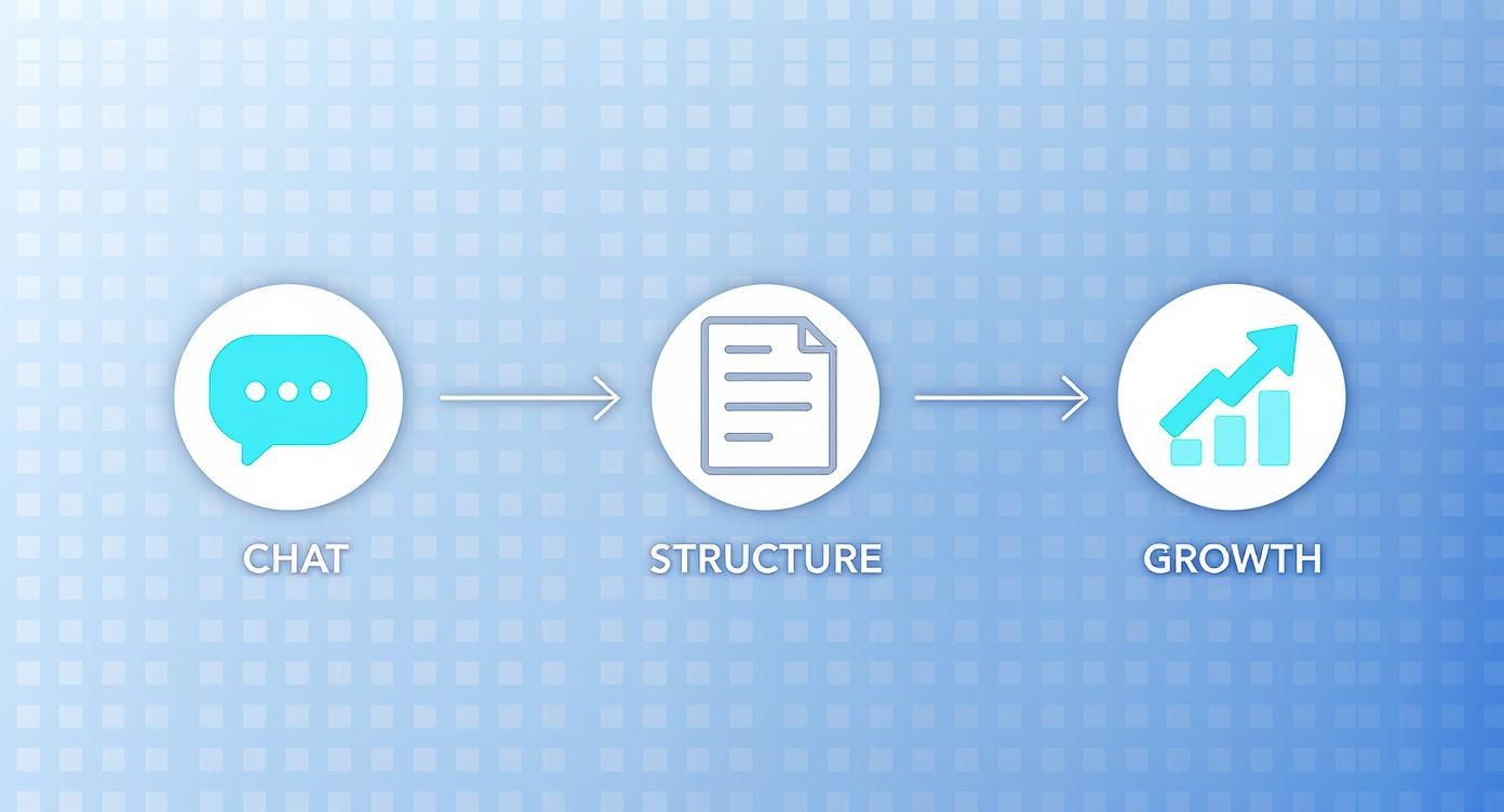 A three-step process diagram showing chat leading to structure, and then to growth.